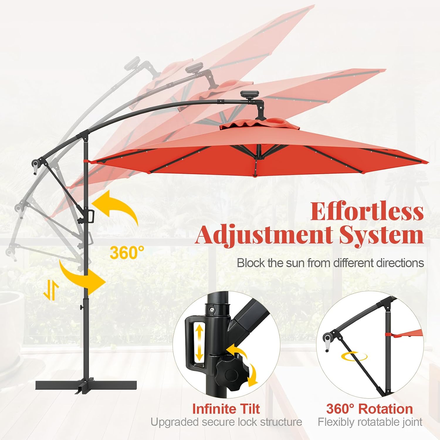 HAPPYGRILL 10 FT Offset Hanging Umbrella with Solar LED Lights, Patio Cantilever Umbrella with Easy Tilt Adjustment, Crank, 360° Rotation, Outdoor Market Umbrella for Pool Garden Deck