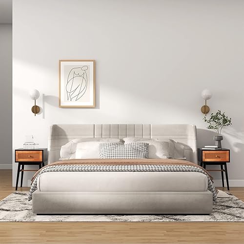 Miniatura 8 de Giantex Juego de 2 mesitas de noche de ratán, mesa auxiliar bohemia con cajón de almacenamiento decorado de ratán y patas de madera maciza, mesa de