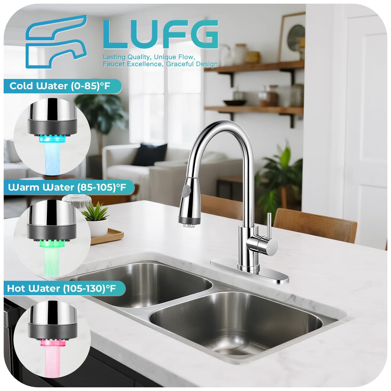Grifo de cocina LED con rociador extraíble, grifos de cocina de cromo pulido de una sola manija, grifo de fregadero de cocina extraíble de acero inoxidable de arco alto con cubierta para caravana