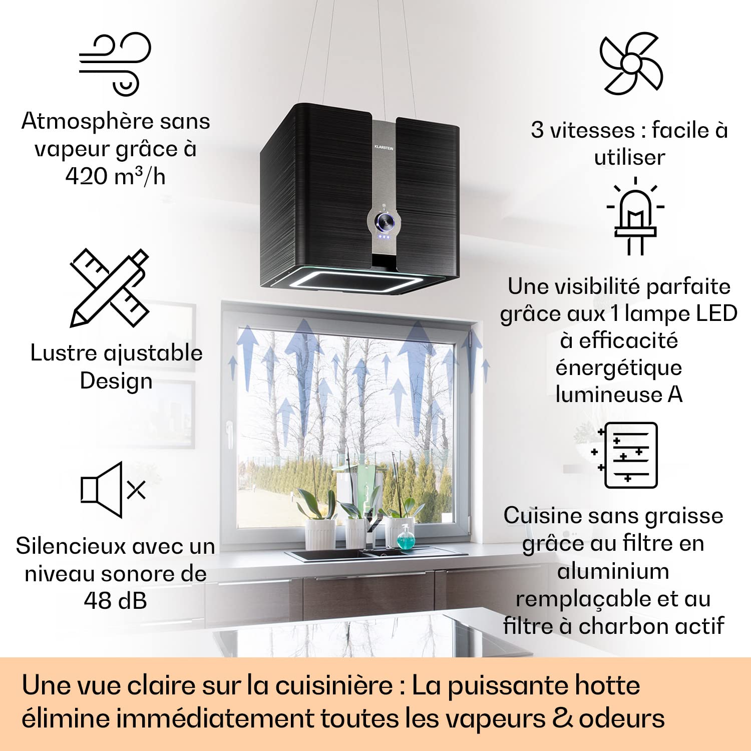 Klarstein Futurelight Smart Hotte aspirante suspendue - Hotte à recyclage avec débit de 413 m³/h, îlot à recyclage avec éclairage LED, acier inoxydable, noir