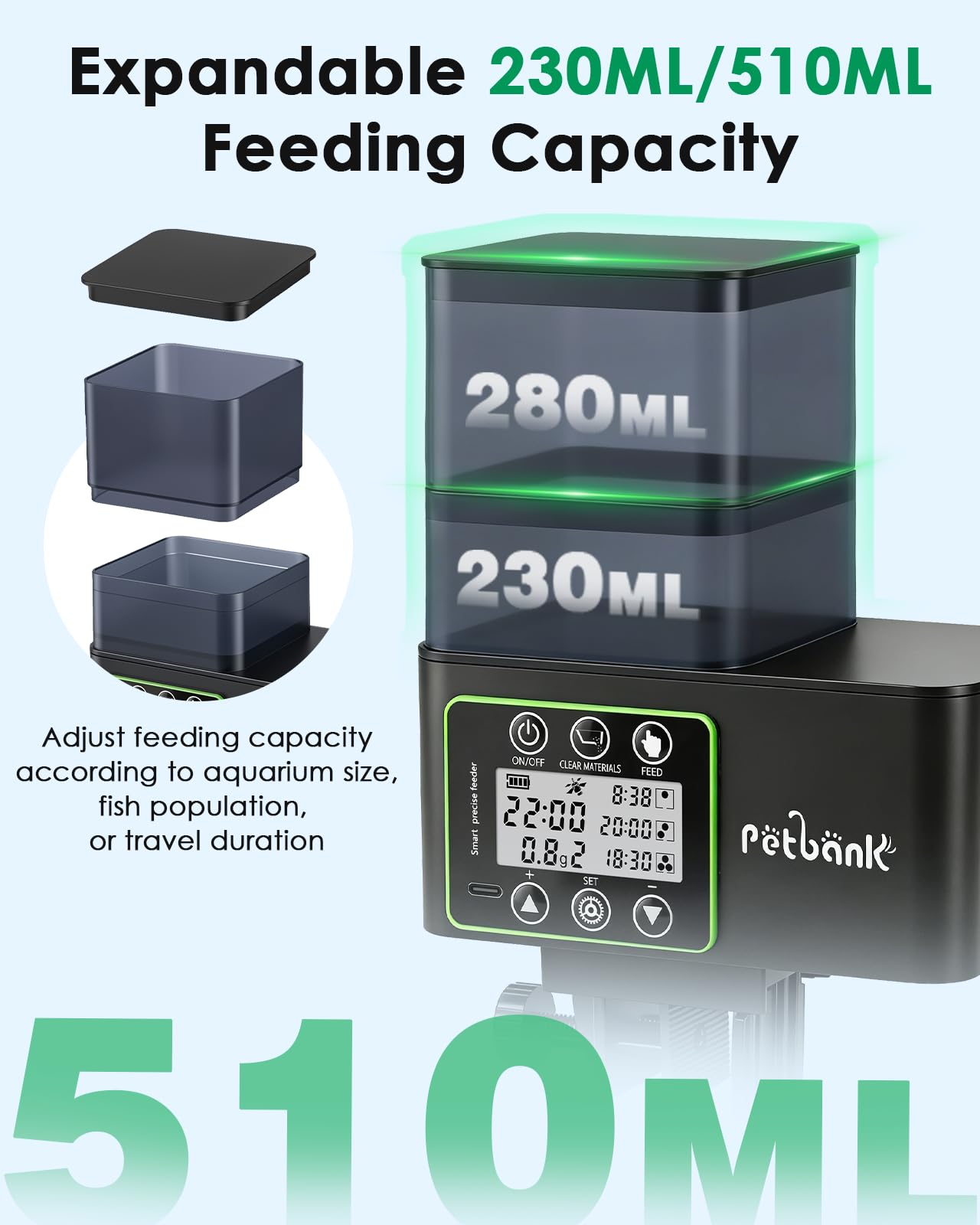 Mangiatoia Automatica Acquario-230/510ml Distributore Automatico Cibo Pesci con Alimentazione di Precisione 0.1-2g,Mangiatoia Acquario Antiumidità con Pulizia e Allarme Scorte,Ricaricabile Usb