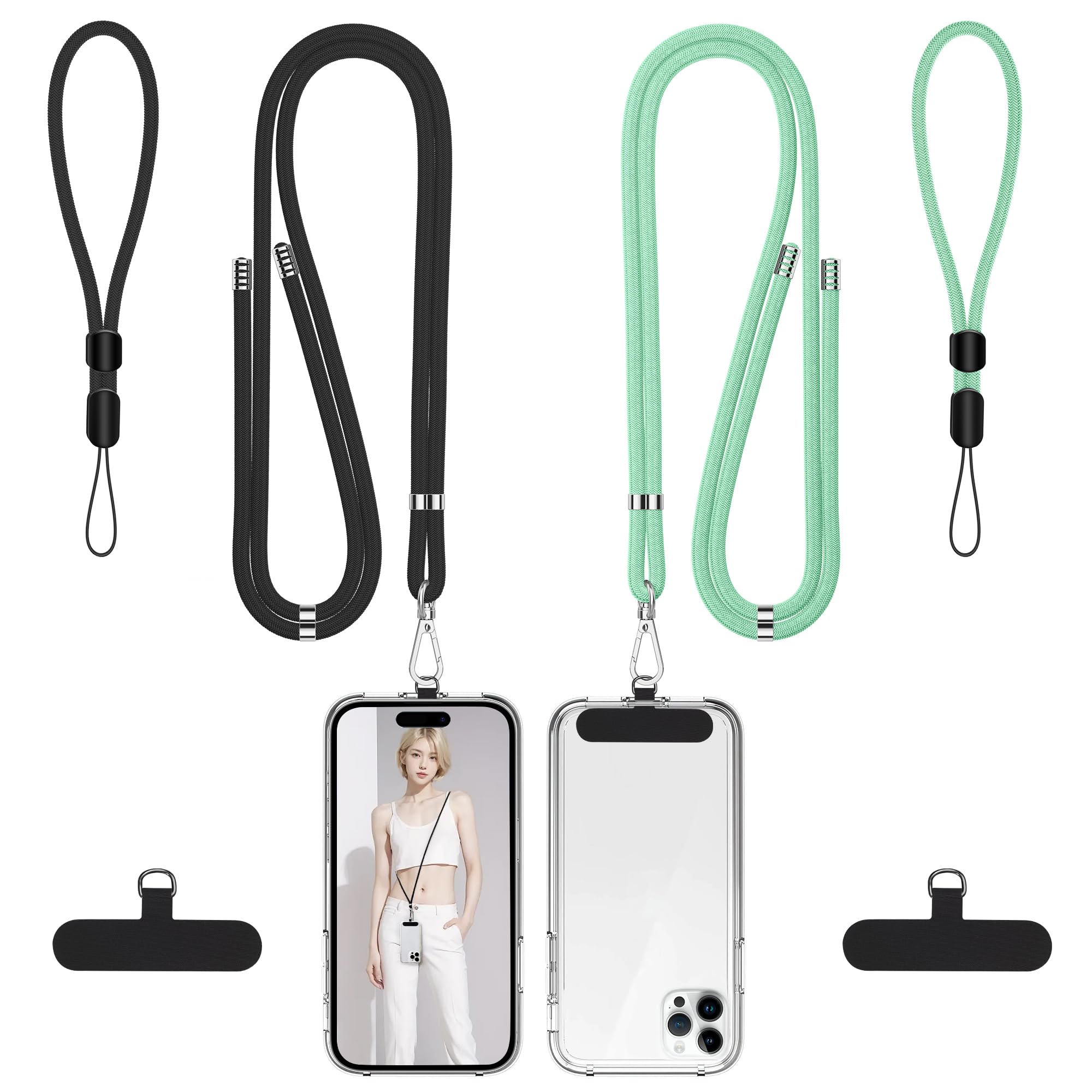 takyu Phone Lanyard, 2 Pack Adjustable Cell Phone Lanyard Crossbody Neck Strap &amp; 2 Pack Phone Wrist Strap with Tether Tabs Compatible for iPhone Android Smartphones-Black Green