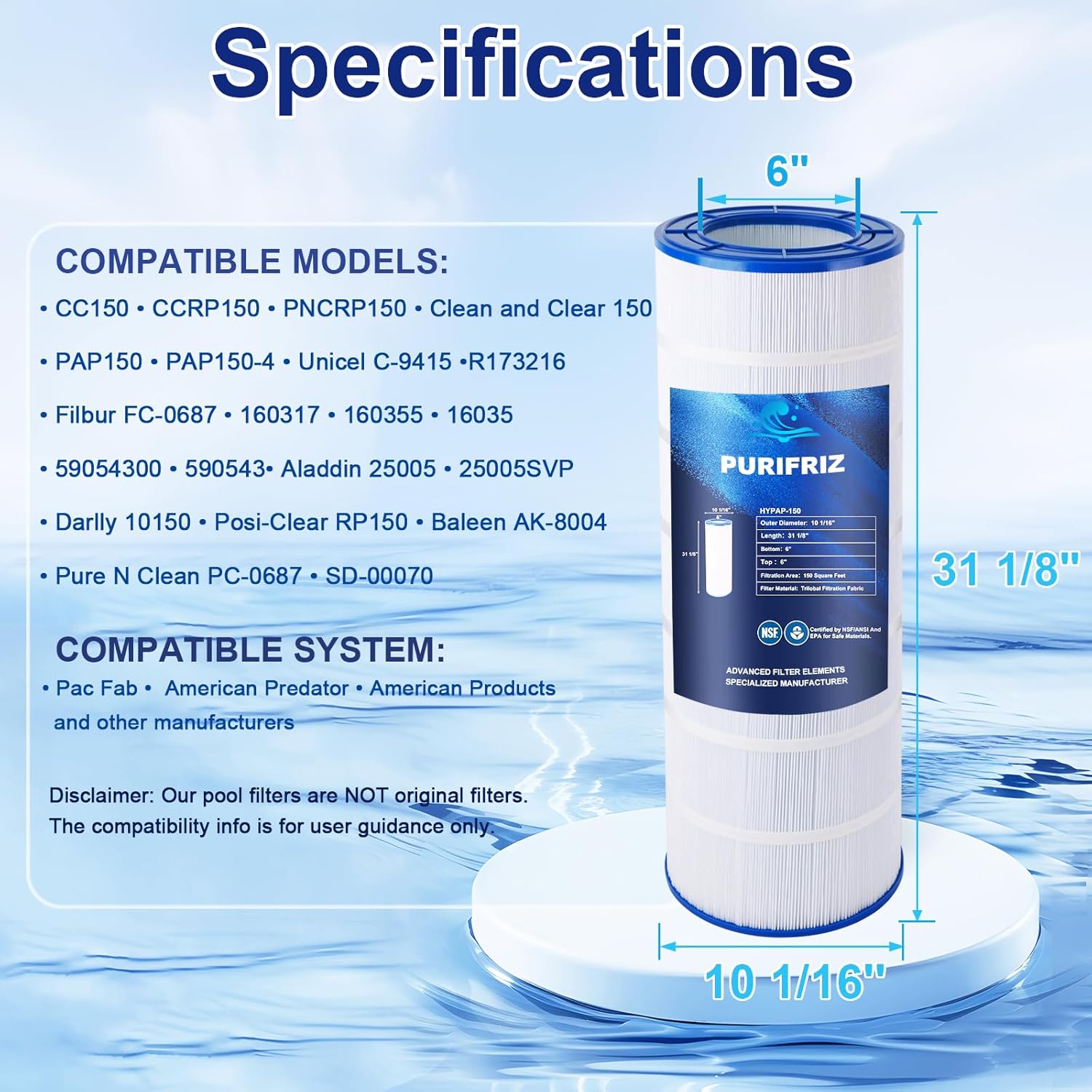 CC150 Pool Filter Compatible with CC150, CCRP150, PAP150, Unicel C-9415, R173216, 59054300, Ultral-C4, FC-0687, 160317, Upgraded Fabric 150 Sq. Ft, L x OD: 31 1/8" x10 1/16", 1-Pack