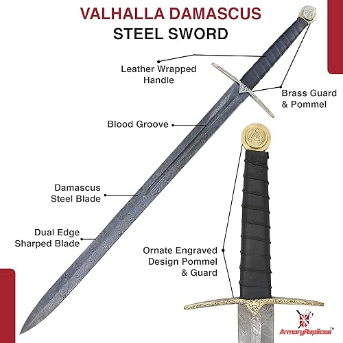Miniatura 3 de s Viking Einherjar Espada de espiga completa - Hoja de acero de Damasco (400-520 capas) con mango envuelto en cuero, protector de latón y pomo,