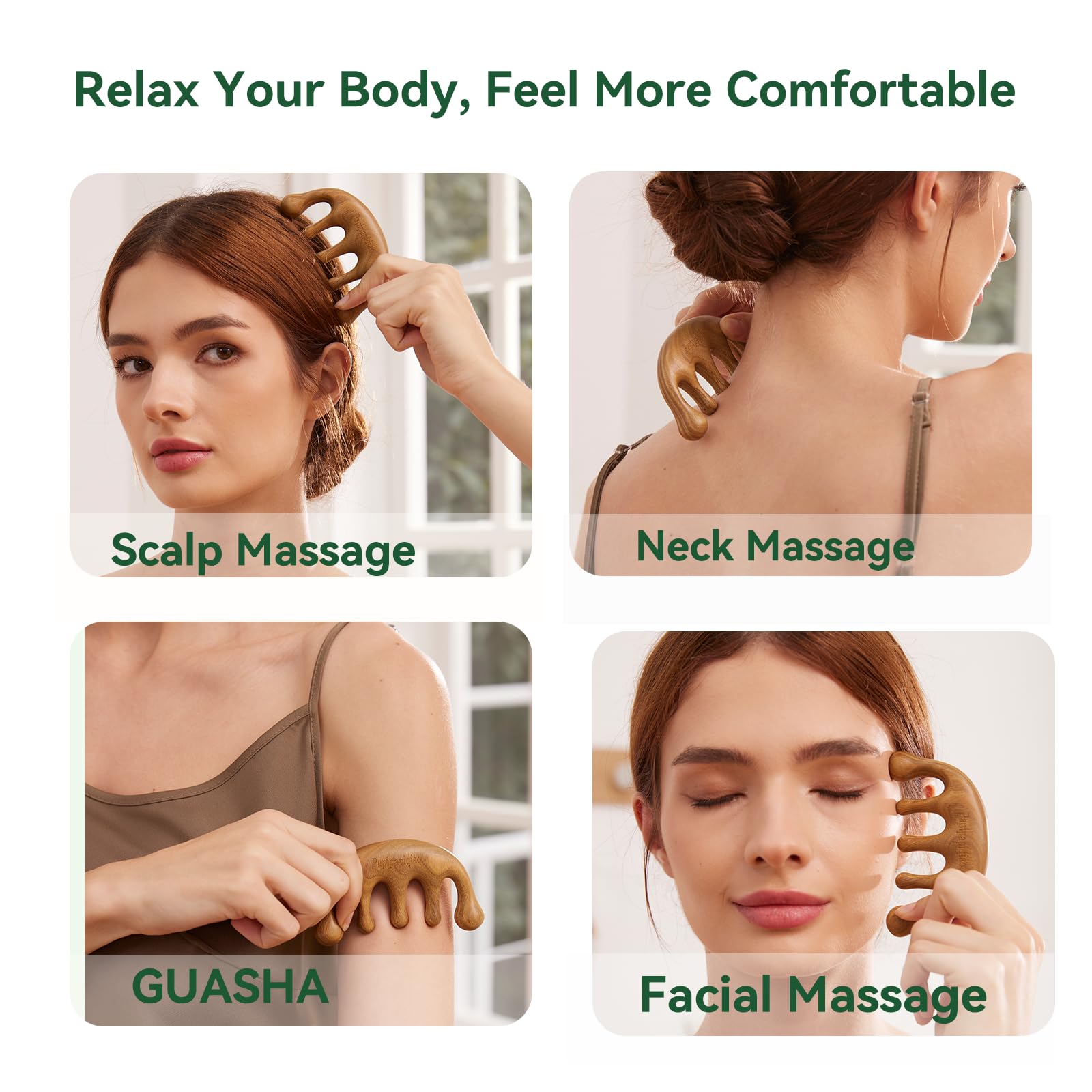 Pettine Gua Sha in legno di sandalo verde naturale, strumento per massaggio viso, cuoio capelluto e corpo, strumento per massaggio manuale multipunto e punto di pressione, regalo per rilassamento e
