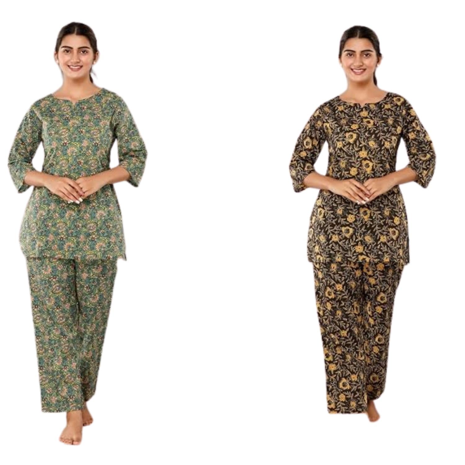 Women Printed Western Wear 02 Kurta, 02 Pants Cotton KCC257 Green Mahndi 4 Night Suit Set-image-21