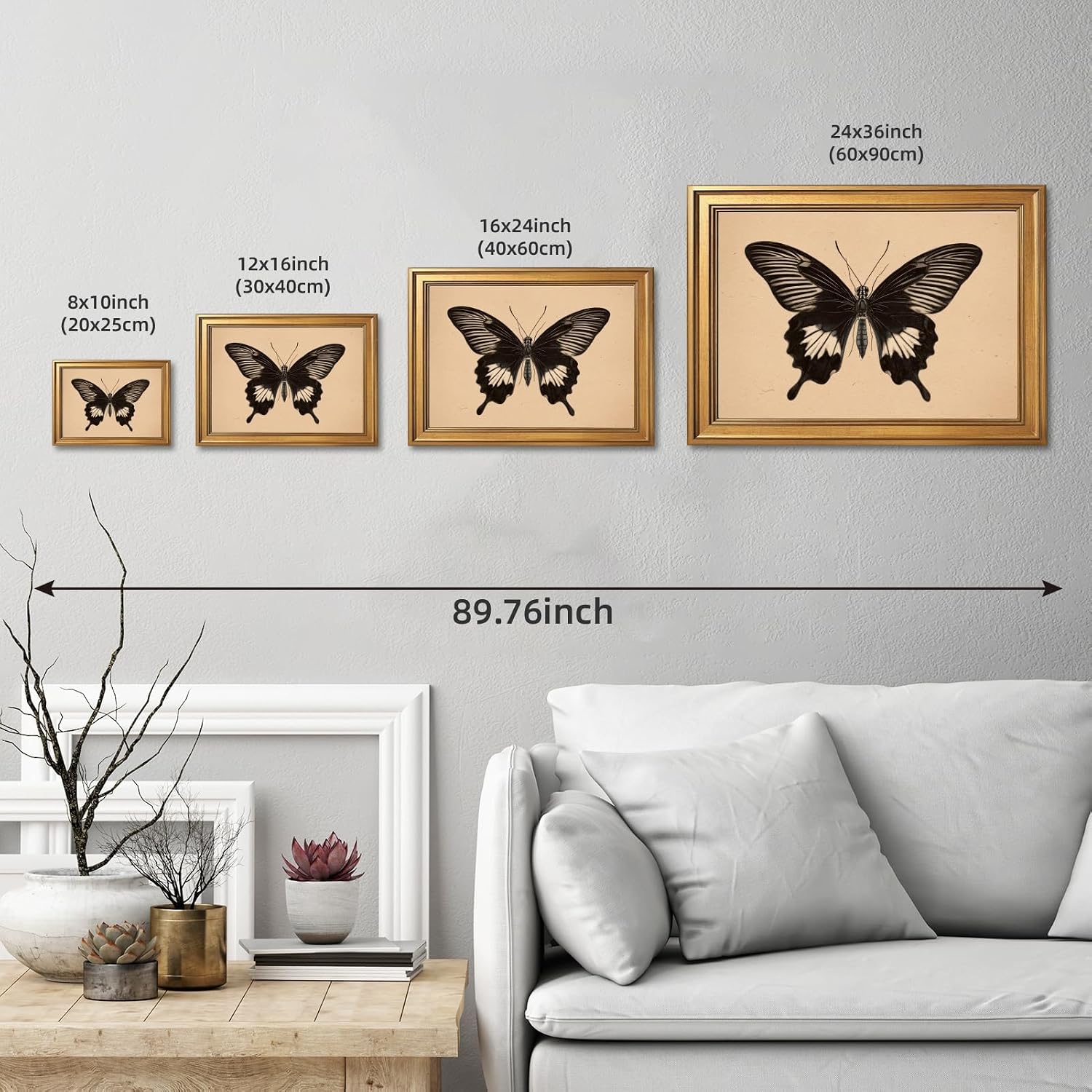 Licpach Large Framed Wall Art Black and White Butterfly Poster Canvas Print Vintage Minimalist Aesthetic Painting Moody Insect Pictures Wall Decor for Living Room Bedroom Office 24X36inch Golden Frame