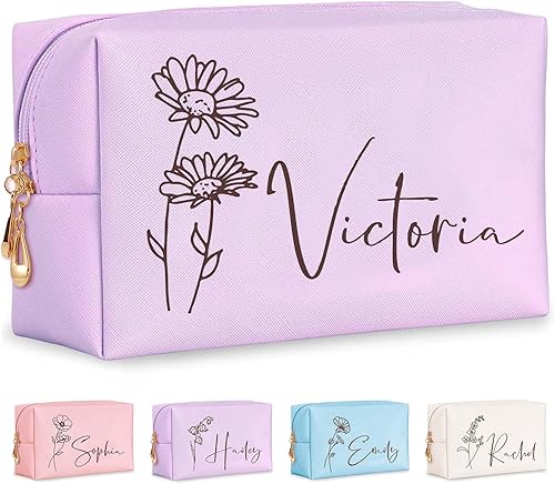 Miniatura 12 de Bolsa de maquillaje personalizada con nombre y flor de nacimiento, bolsas de cosméticos de cuero personalizadas para mujeres, bolsa de aseo de viaje