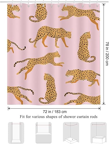 Miniatura 6 de Bonhause Cortina de ducha de leopardo rosa para baño, cortina de baño decorativa de moda con estampado de guepardo tropical, 72 x 78 pulgadas, tela