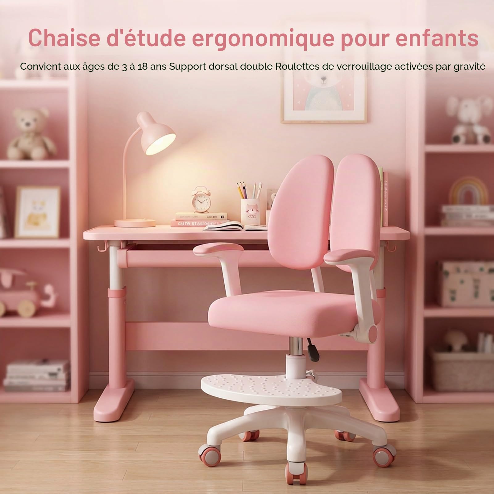 Chaise de bureau améliorée pour enfants, chaise d'ordinateur réglable pour enfants, chaise d'étude réglable en hauteur avec roues à 360 degrés, siège ergonomique pour enfants, double soutien dorsal