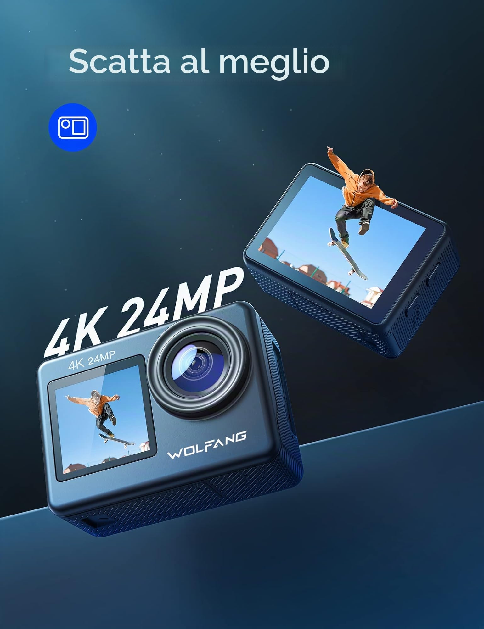 WOLFANG GA200 4K 24MP Dual Screen Wi-Fi Action Camera Sportiva, Fotocamera Subacquea 40M, Grandangolo 170°, Telecomando EIS Migliorato, 2 Batterie, Base di Ricarica, Multi-Accessori
