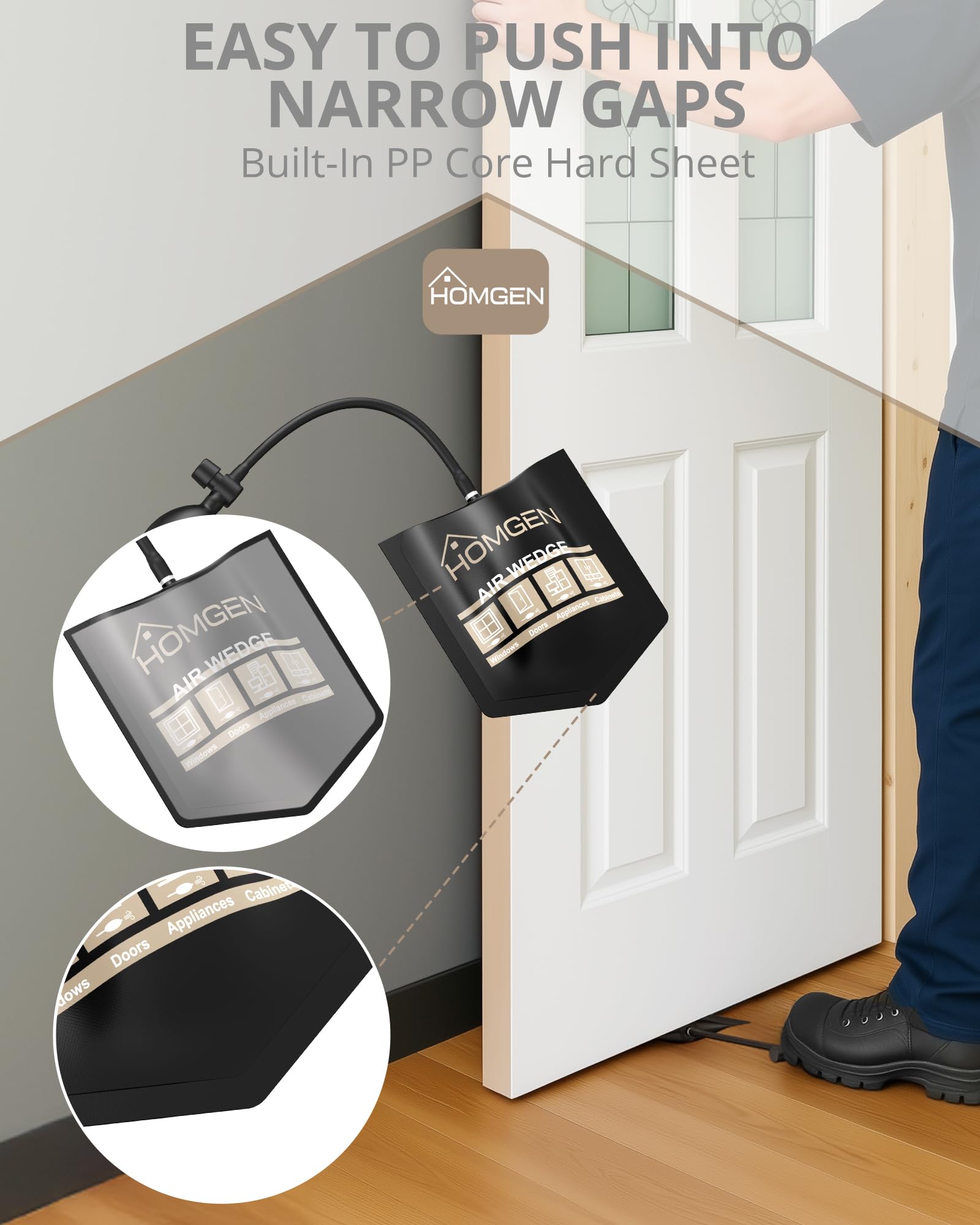HOMGEN 4 Pezzi Pompa ad Aria per Finestre Max Carico 200kg Cuscinetti ad Aria per Sollevamento in TPU con 4 Cune Cuscini Gonfiabili ad Aria per Installazione Porte Finestre Spostare Mobili