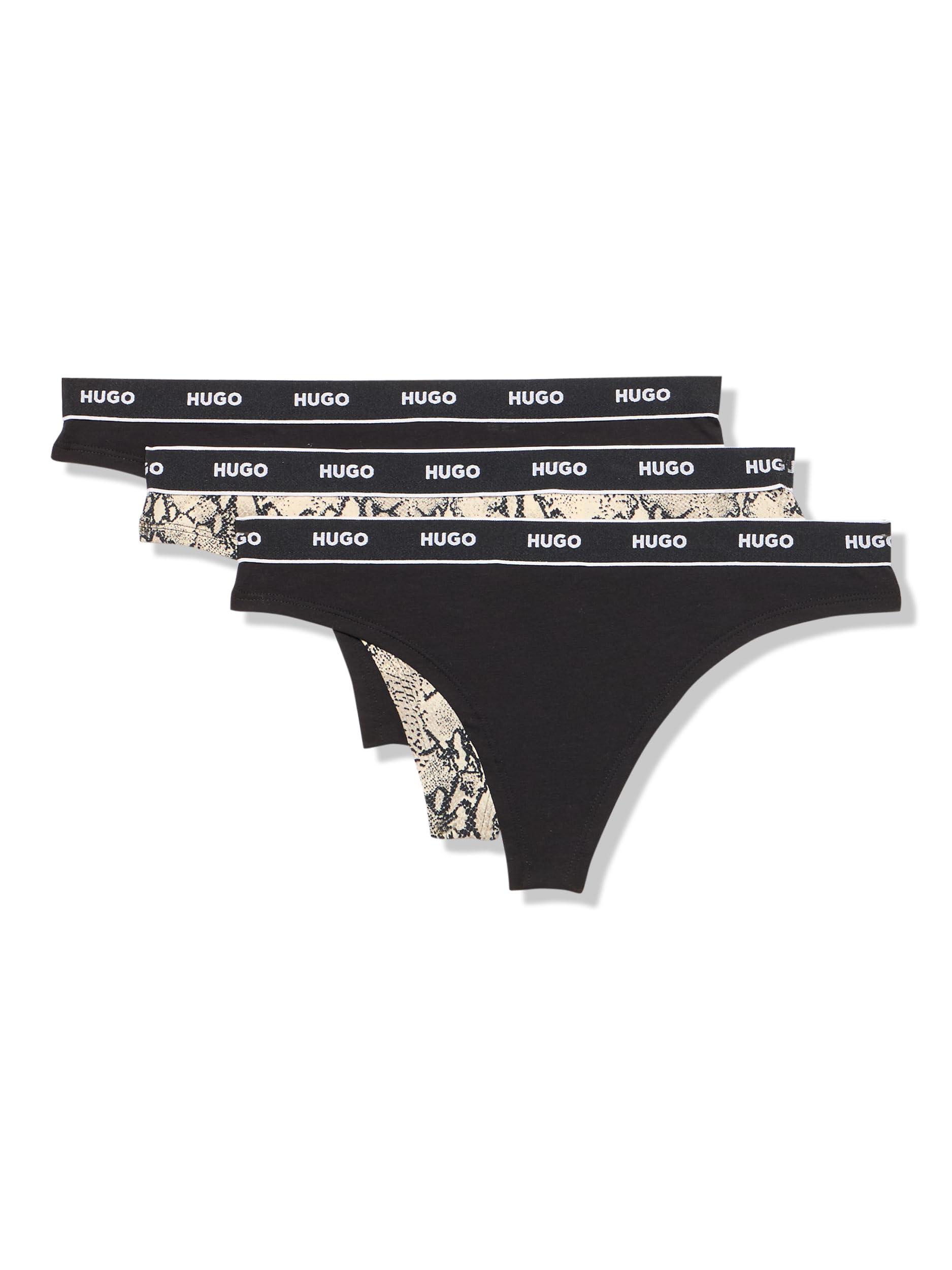 HUGO Women's 3-Pack Repeat Logo Cotton Stretch Thongs, Black/Snake/Black, XS