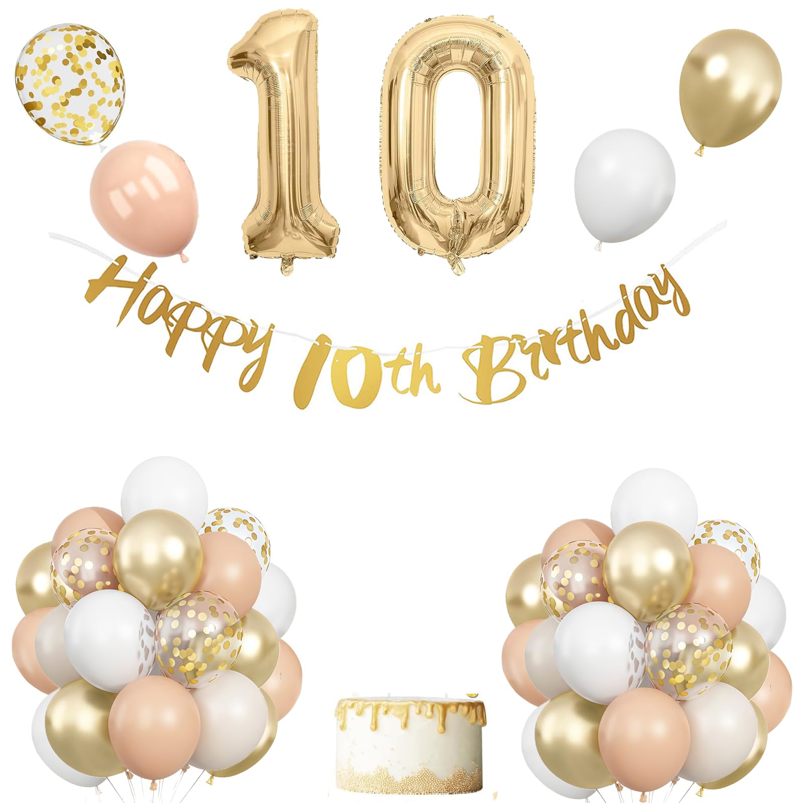 10th Birthday Decoration for Girls,10th Birthday Decorations Girl, Beige White Gold Balloons With Happy 10th Banner, Cake Topper, Number 10 Foil Balloons for Boy Girl Party Decoration — image 1