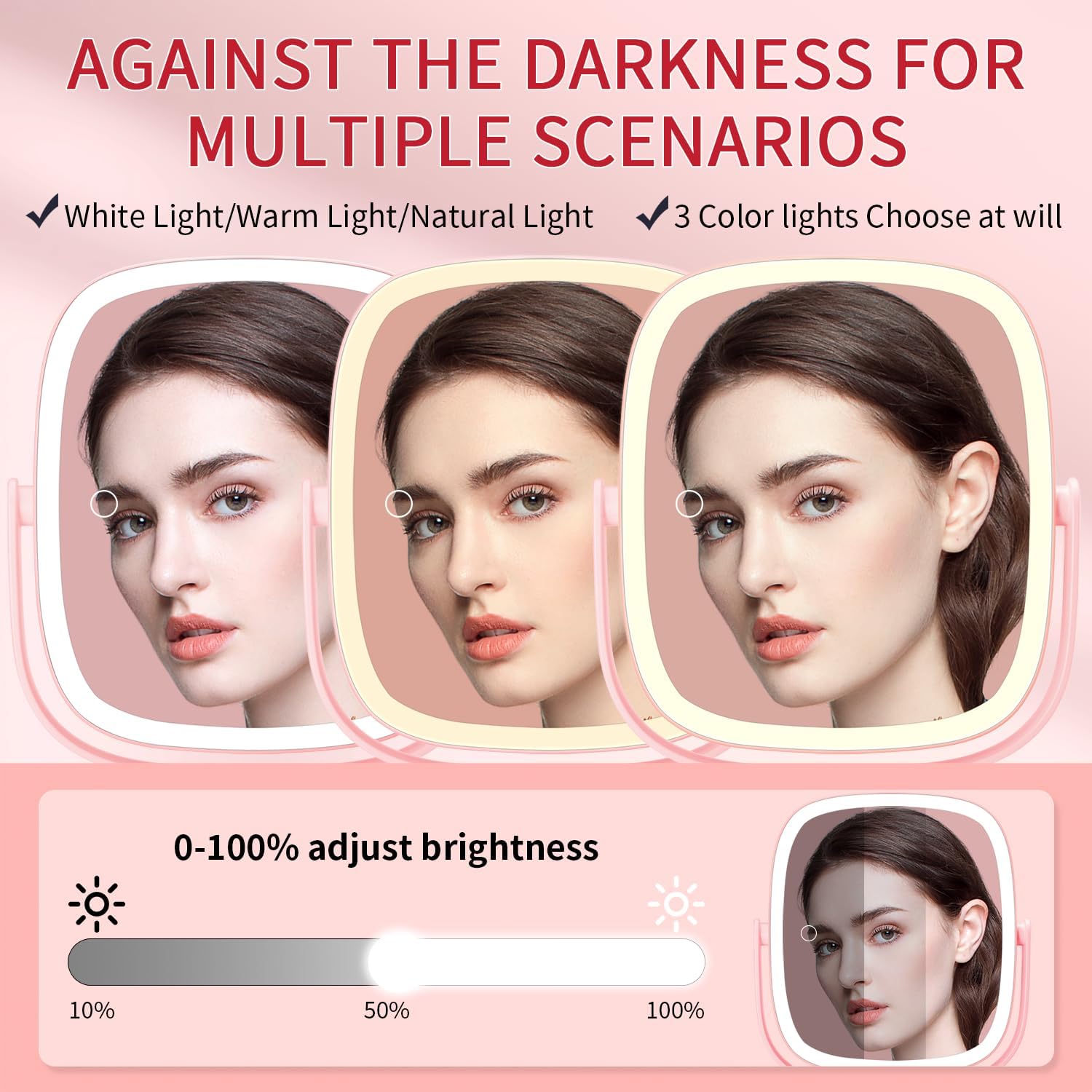 Lighted Makeup Mirror, 2600mAh Rechargeable 1x/10x Magnifying Vanity Mirror, 8.5" Height Adjustable Makeup Mirror with Lights 3 Color, 360° Rotation 2-Sided Light up Large Desk Mirror - Pink
