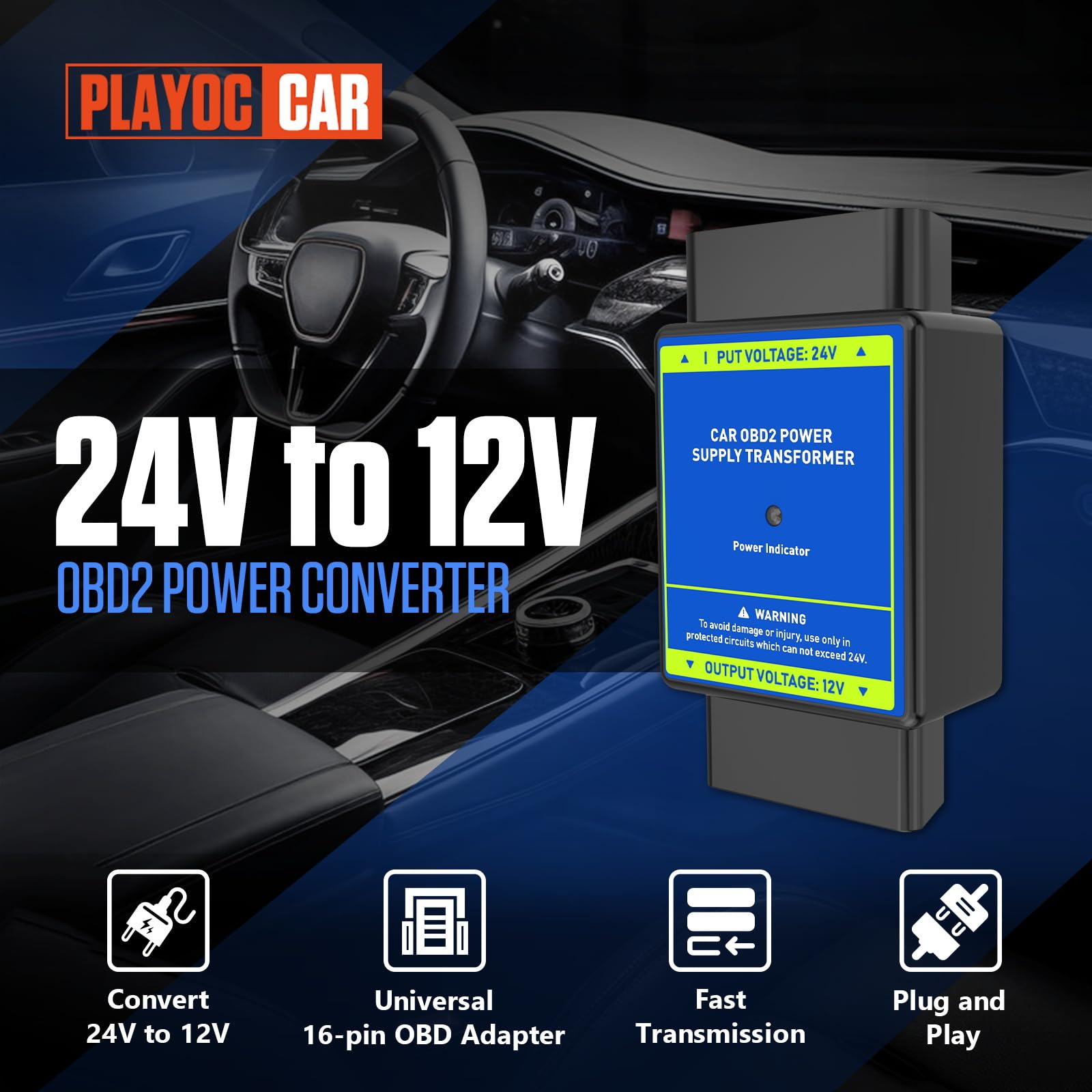 Convertidor OBD2 24V A 12V PLAYOCCAR – Adaptador De Alimentación De 16 Pines Para Camiones Y Vehículos Pesados