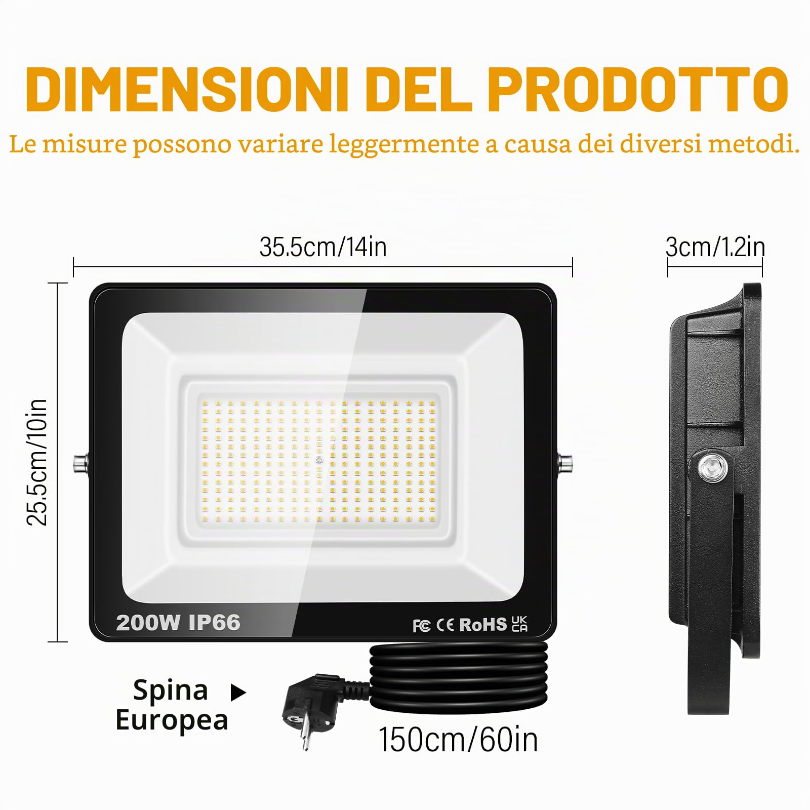 Willpower Faro LED Esterno 200W Faretti LED 3500K Bianco Caldo Con Spina