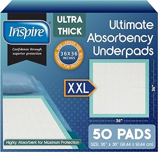 Inspire Extra Large 36x36 Disposable Bed Pads for Incontinence - Ultra Thick Absorbent Waterproof Pee Pads for Adults, Pack of 50