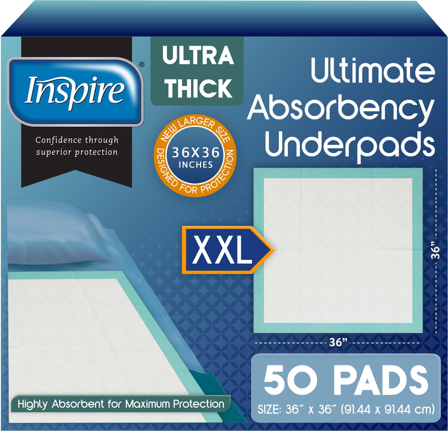 InspireExtra Large Super Absorbent Disposable Bed Pads for Incontinence Ultra Thick and Absorbent Bed Pads Disposable Adult | Puppy Pads | Pee Pads for Adults (36" X 36" Pack of 50)