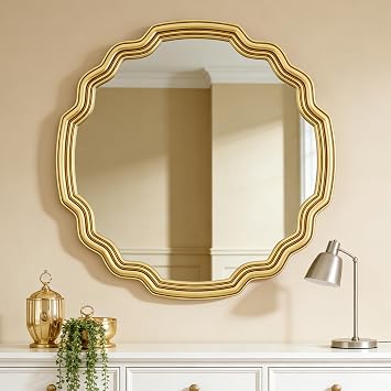 Gold Round Wave Mirror - 26" Scalloped Edge Circle Mirror for Wall Decor, Gold Bathroom Vanity Mirrors with Curve Metal Framed Vintage Decorative for Living Room, Bedroom, Entryway