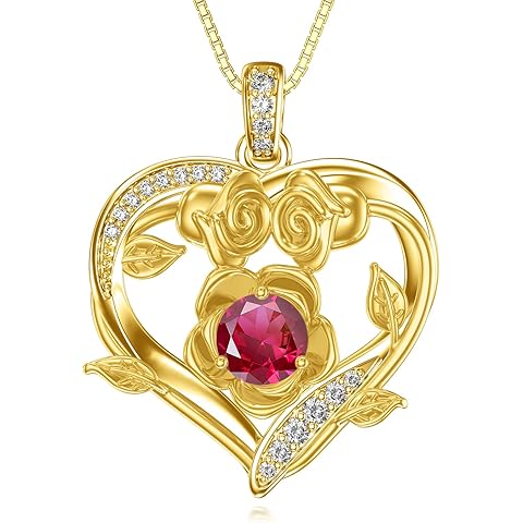 Midari 18K Gold Heart Birthstone Necklace for Women Rose Pendant Birthday Jewelry Gifts for Wife Her Daughter Mom