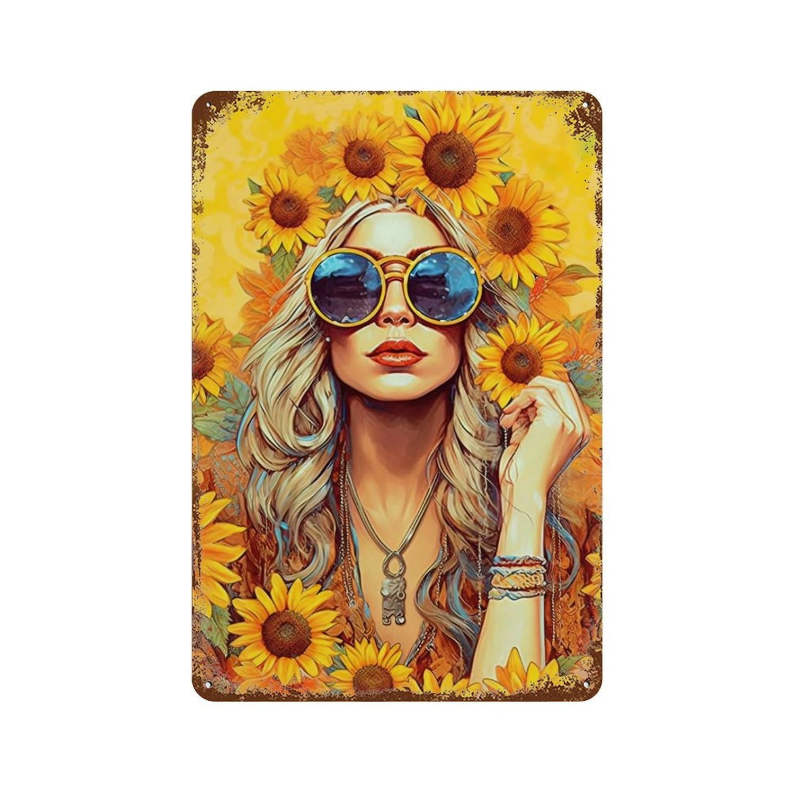xiaoxiaoshen Hippie Girl And Sunflower Wall Decor Art Metal Tin Poster Modern Home Decor Art Home Bar Shop Decorations Vintage Sign 30x20cm