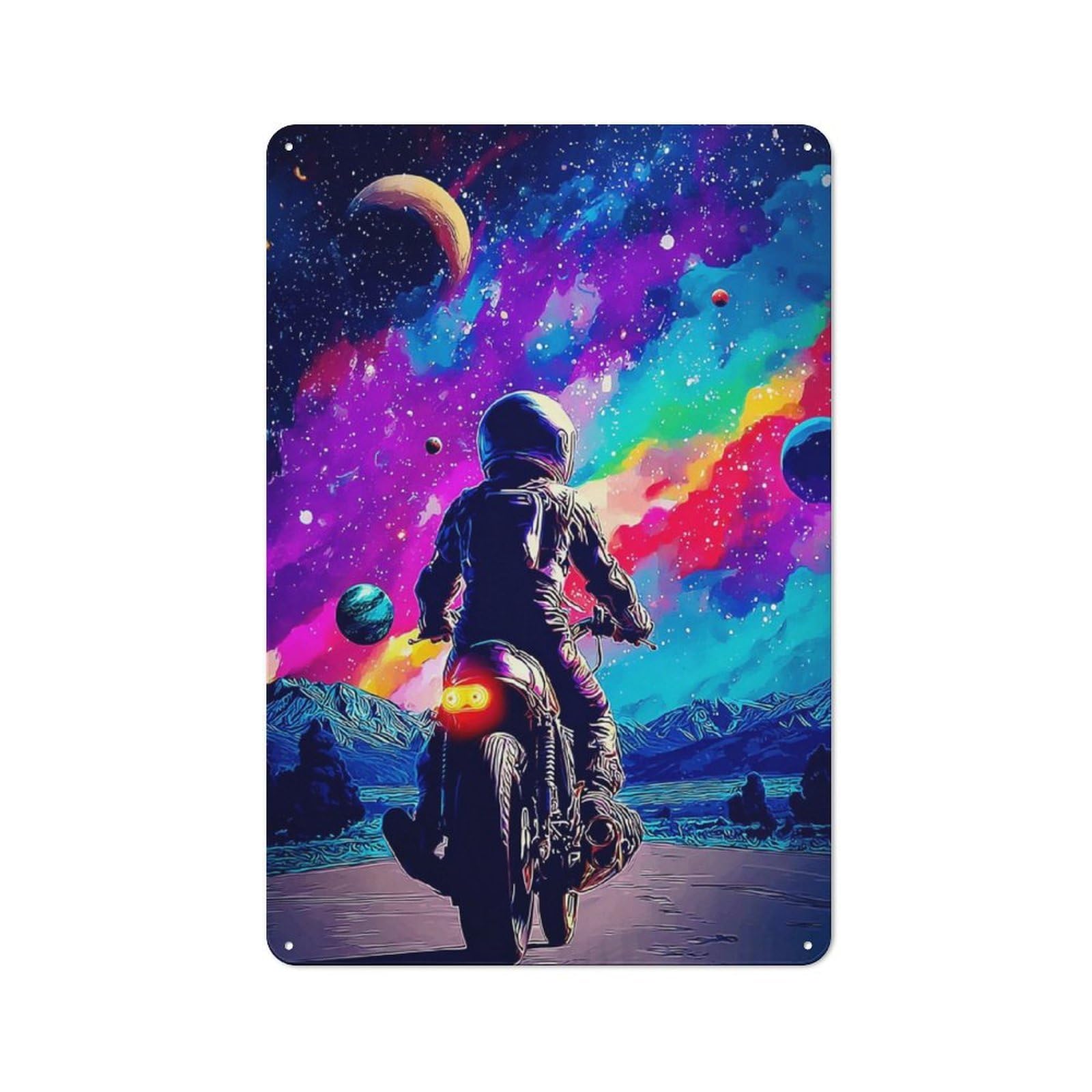 Junmoney Motorcycle Ride Through Cosmic Landscape -1 Metal Sign 30X20cm With For Workshop Wall, Rustic Decor, Wall Decoration For Workshops And Hobby Rooms