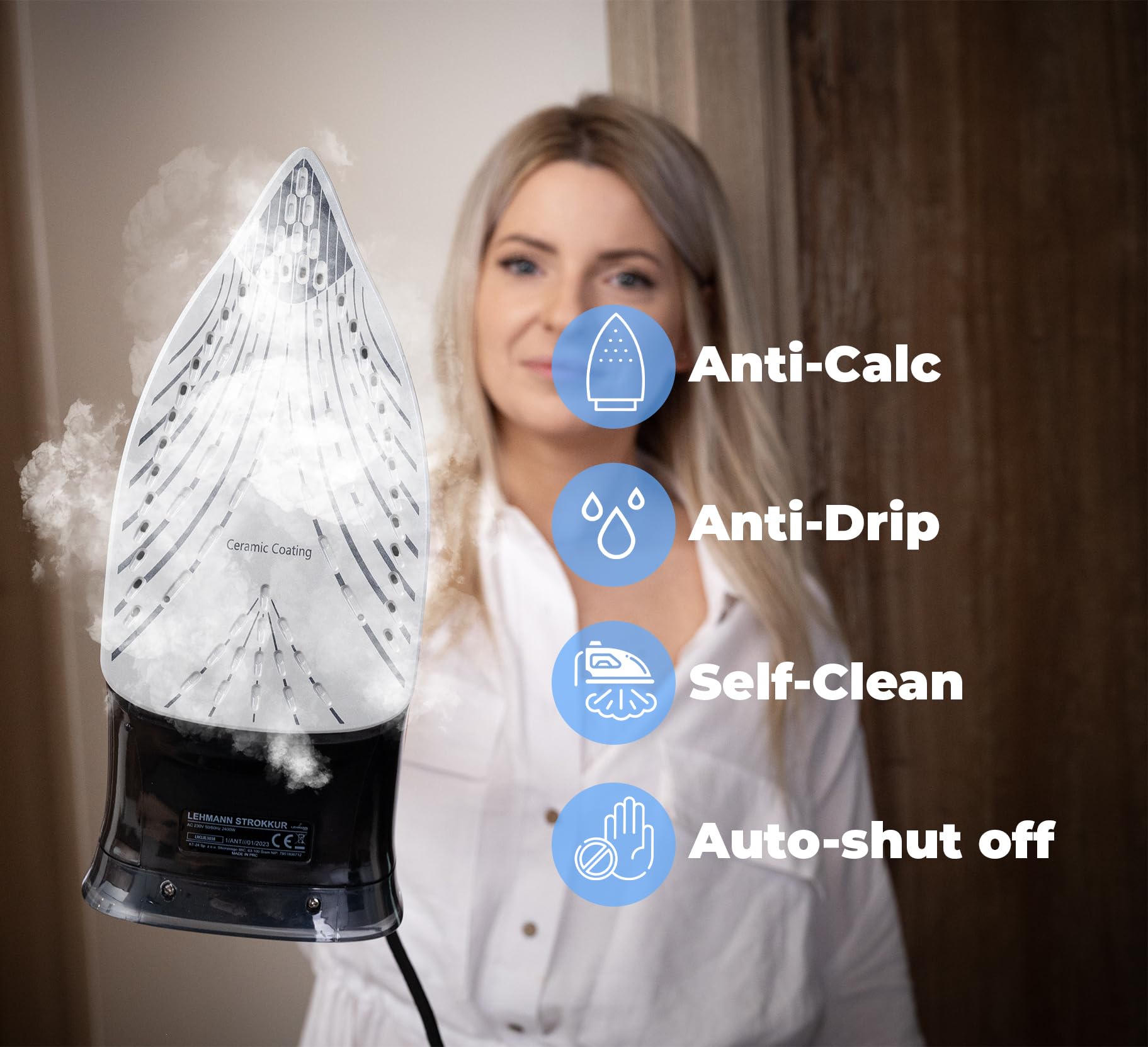 Lehmann Steam iron, ceramic base, 3000 W, Calc-Clean function, 9-in-1, high steam performance, low weight, steam boost, ceramic soles for ironing, self-cleaning and atomizer