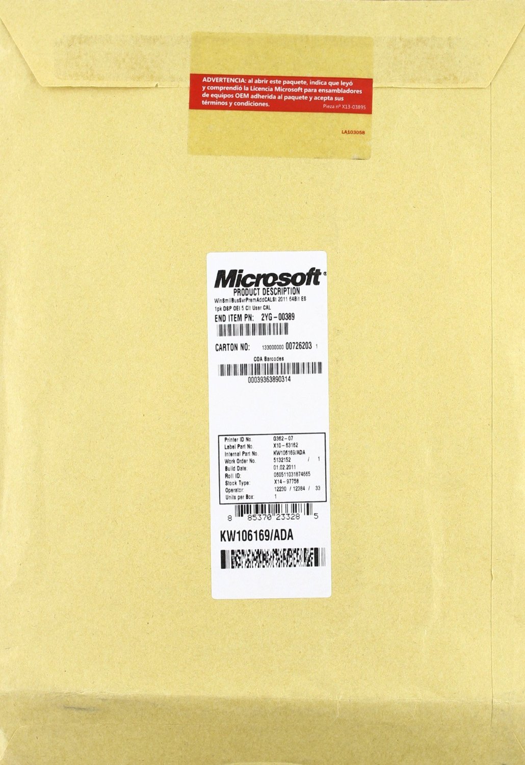 MS 1x 5UCAL Windows Small Business Server 2011 PremAdd 64bit (ES)