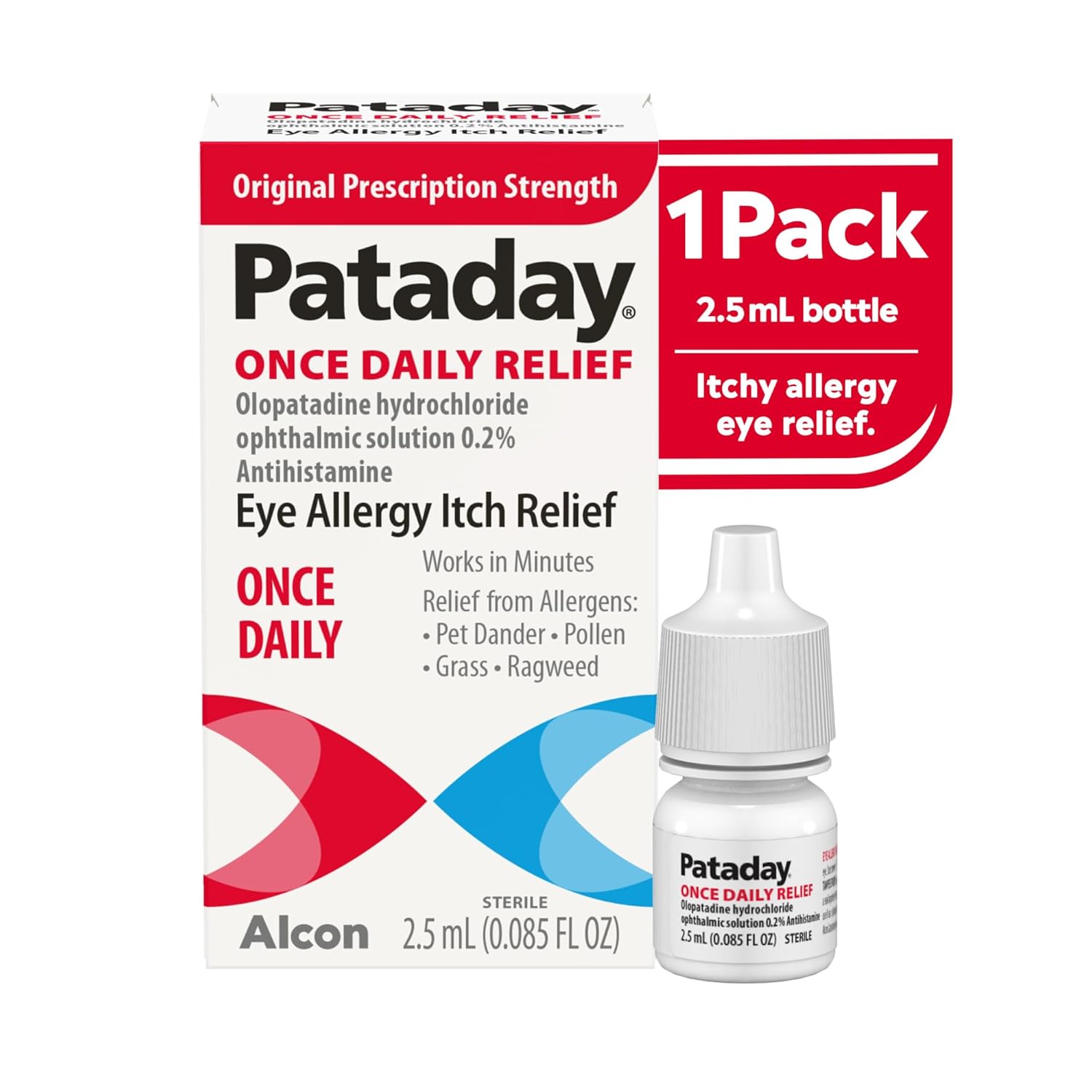 Pataday Once Daily Allergy Itch Relief Eye Drops, 2.5 ml, Olopatadine 0.2% Antihistamine Drops for Itchy Eyes, Targets Pollen, Ragweed, Grass & Pet Dander, Up to 16-Hour Relief