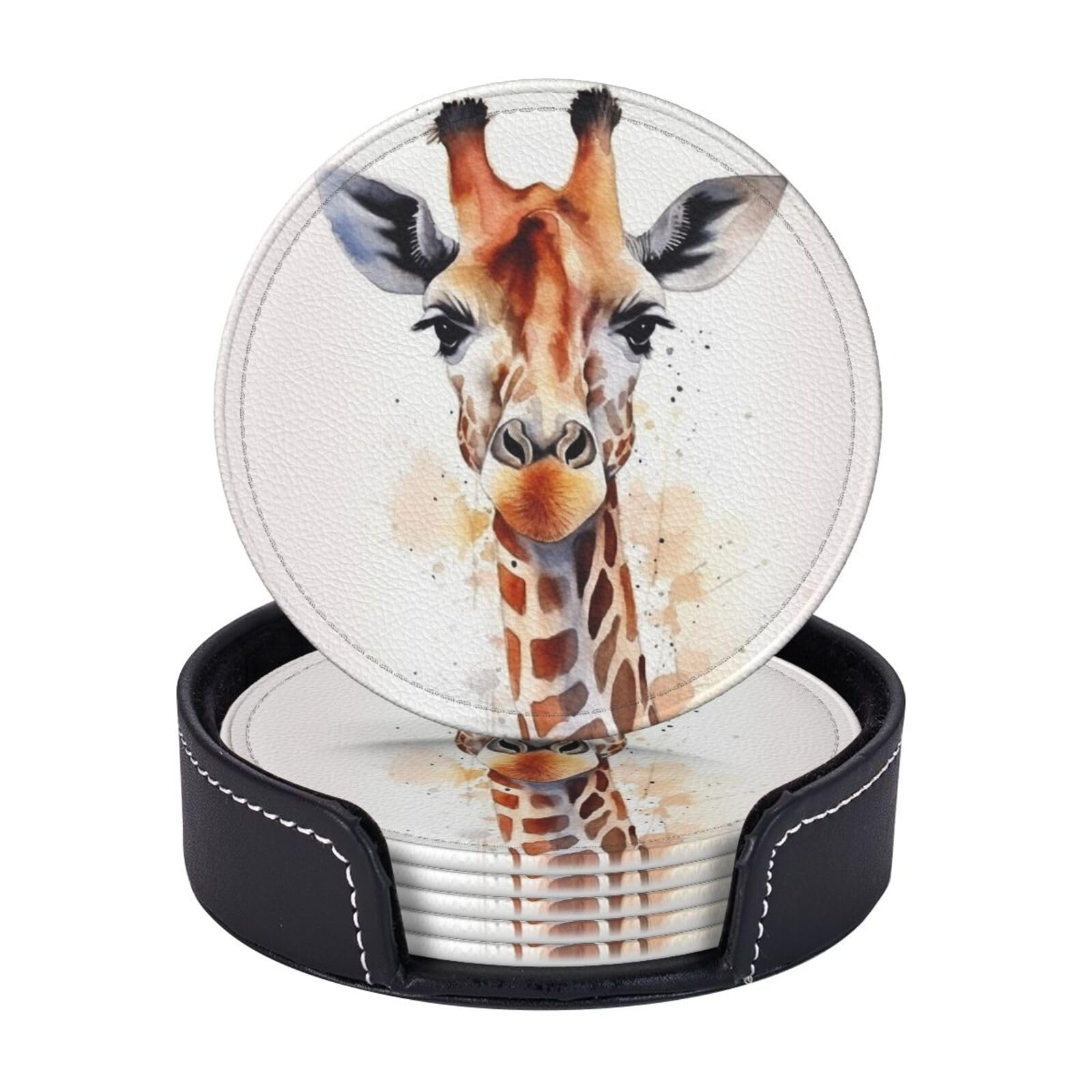 Round Coasters for Drinks Set of 6 - PU Leather Coasters with Holder - Modern Drink Coasters for Coffee Table - Stylish Animal Watercolor Giraffe Coaster for Tabletop Protection 4" Cup Mat Pad