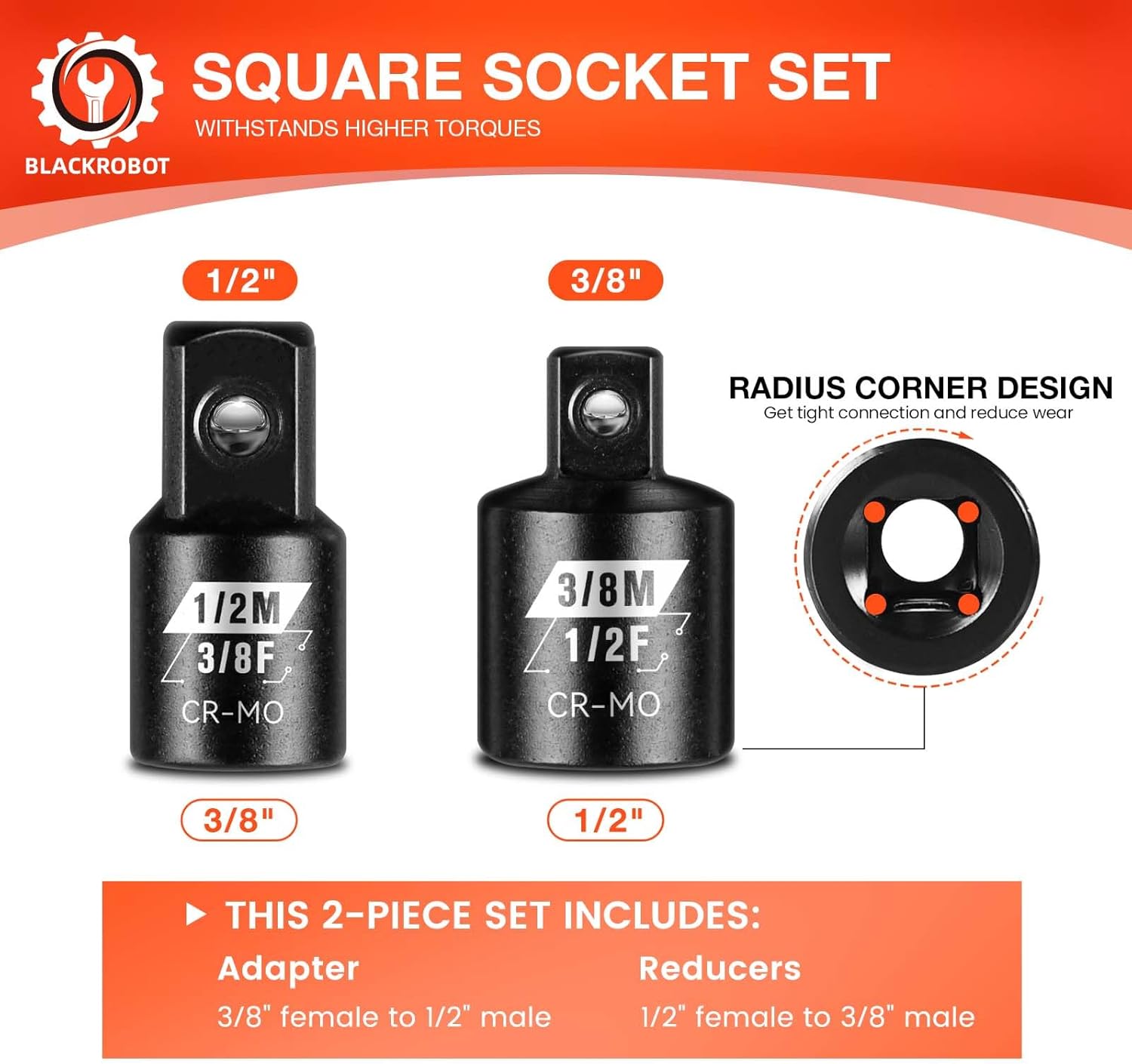 BLACKROBOT 2PCS Impact Socket Adapter and Reducer Set, 3/8" to 1/2" & 1/2" to 3/8" Socket Adapter Set, SAE Drive Cr-Mo Steel Exceeds ANSI Standards, Square Drive Adapter for Impact Driver Wrench
