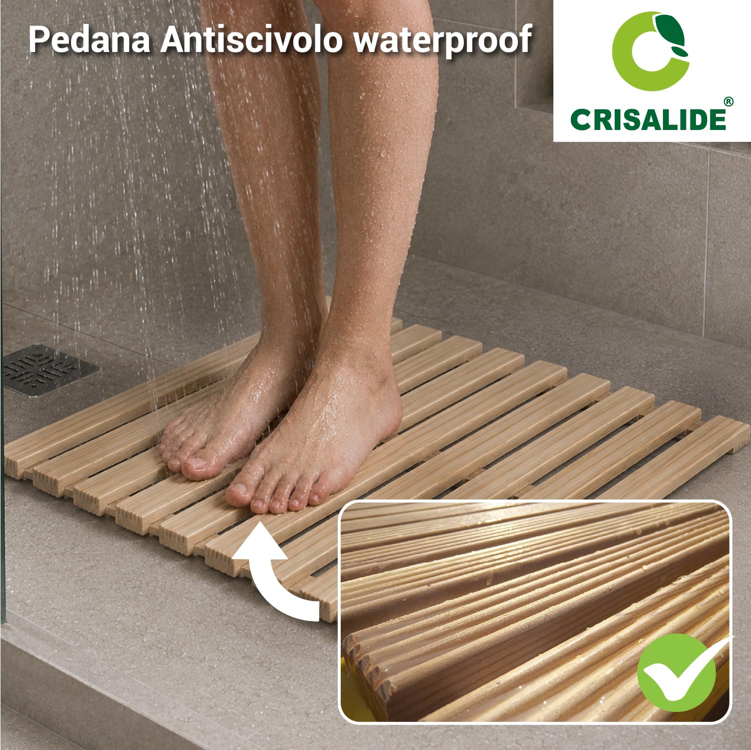 Crisalide® - Pedana Doccia in Legno, Antiscivolo Waterproof 60x60CM | Drenante
