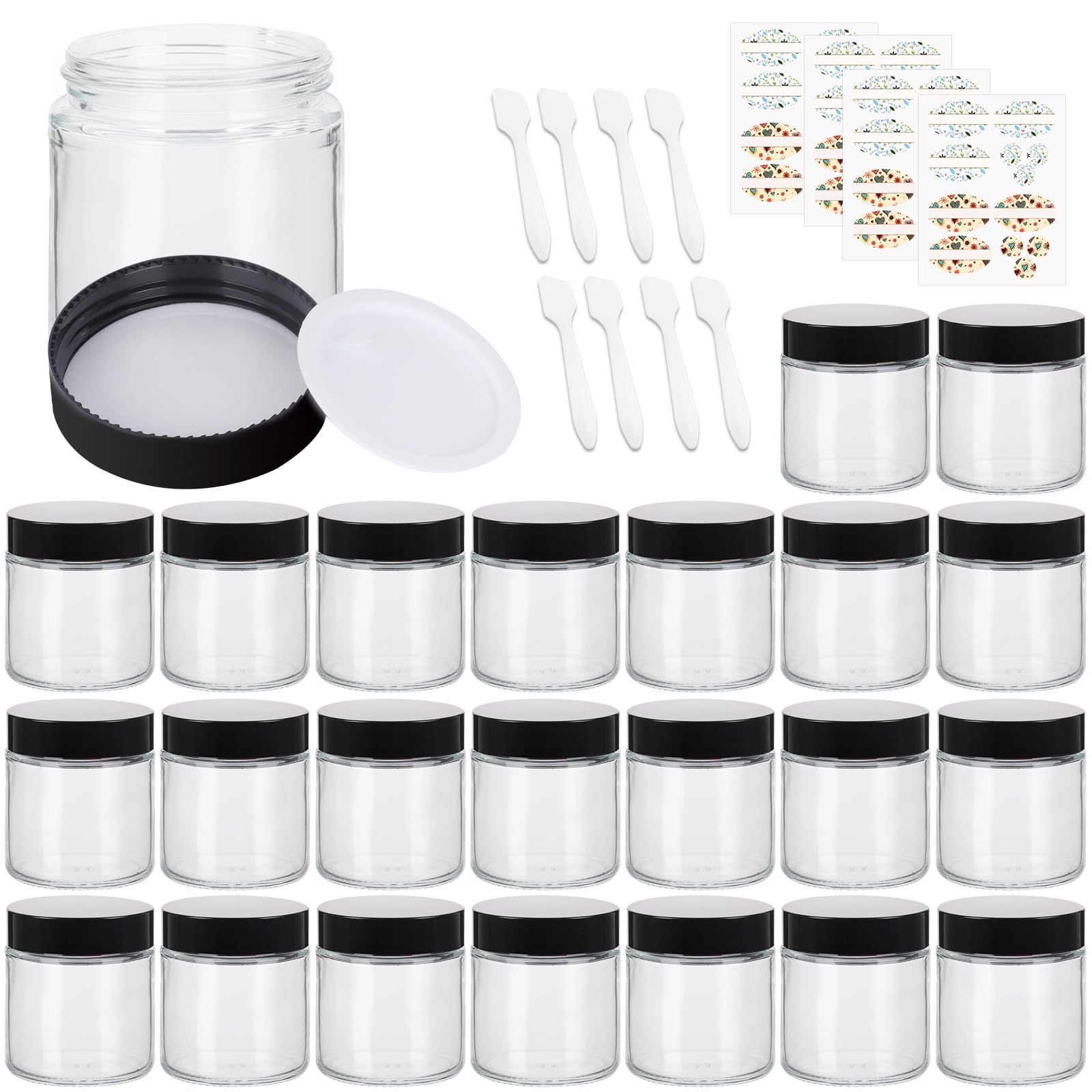 EkkoVla 24 Pack 4 oz Clear Glass Jars with Lids, Round Empty Cosmetic Containers with Inner Liners for Lotion, Cream, Ointments, Powder, Candle