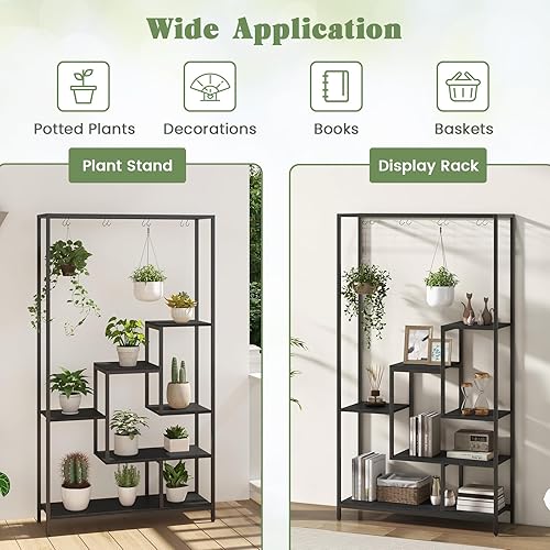 Miniatura 4 de Soporte para plantas de 6 niveles para interiores, soporte para plantas de 70.9 pulgadas de alto con 10 ganchos colgantes en S, estante de metal
