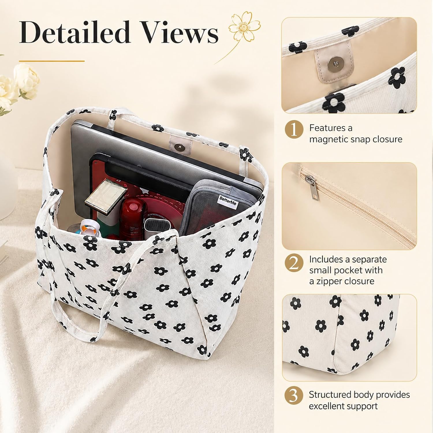Corduroy Tote Bag for Women, Large Reusable Shoulder Bag with Inner Pocket and Magnetic Snap image 4
