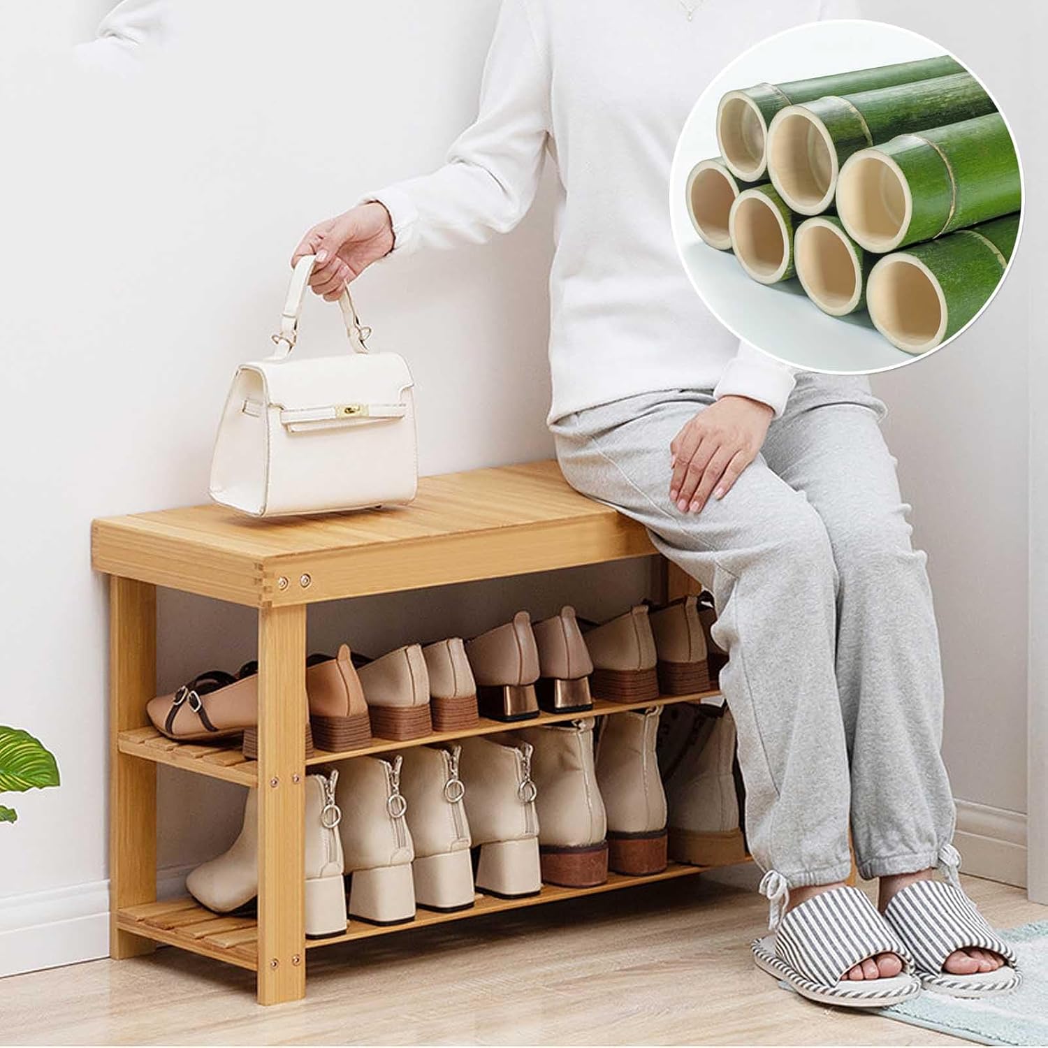 Shoe Storage Bench Small Entryway with, Bathroom Rack with and Seat Bamboo Stool for Hallway Small Space