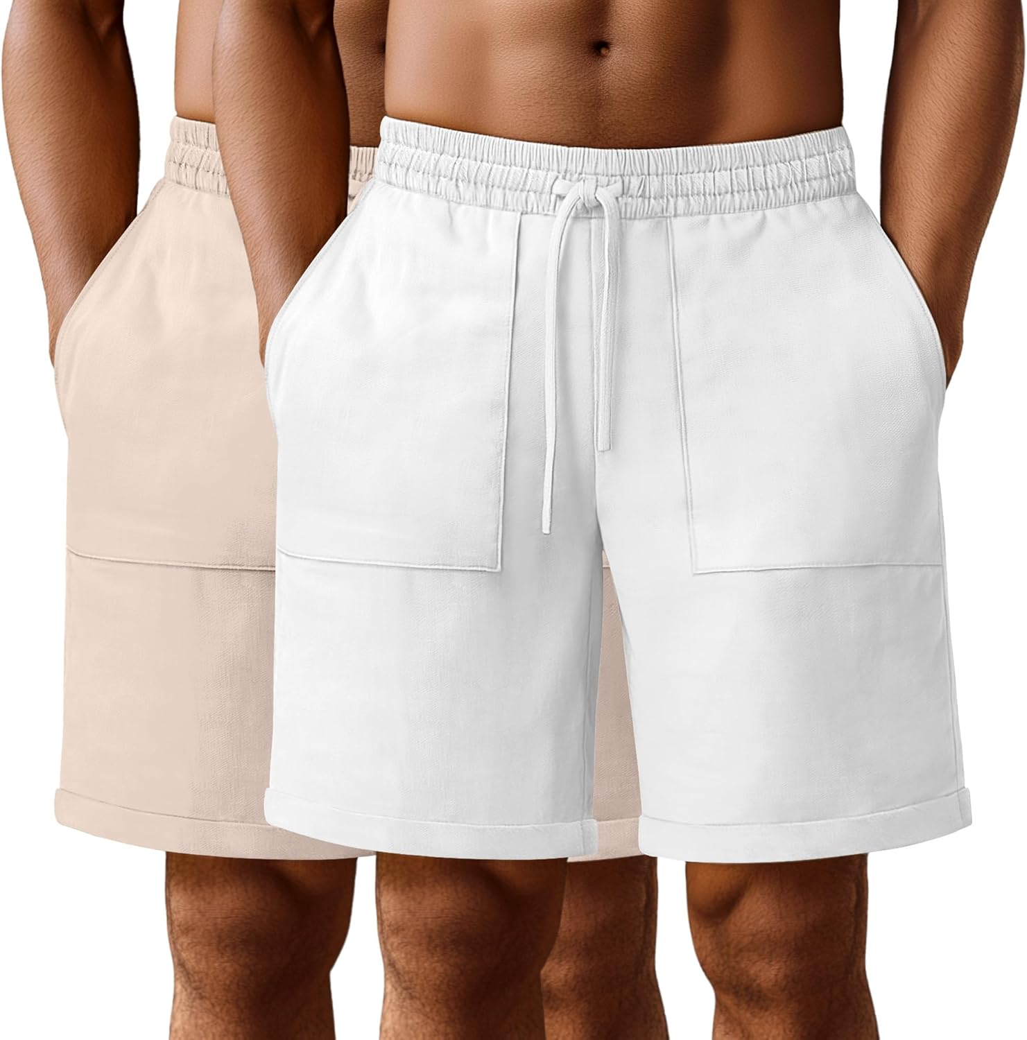 Neer 2 Pack Men's Big and Tall Cotton Linen Blend Bermuda Shorts, Casual 7'' Elastic Drawstring Pockets Flat Front Shorts