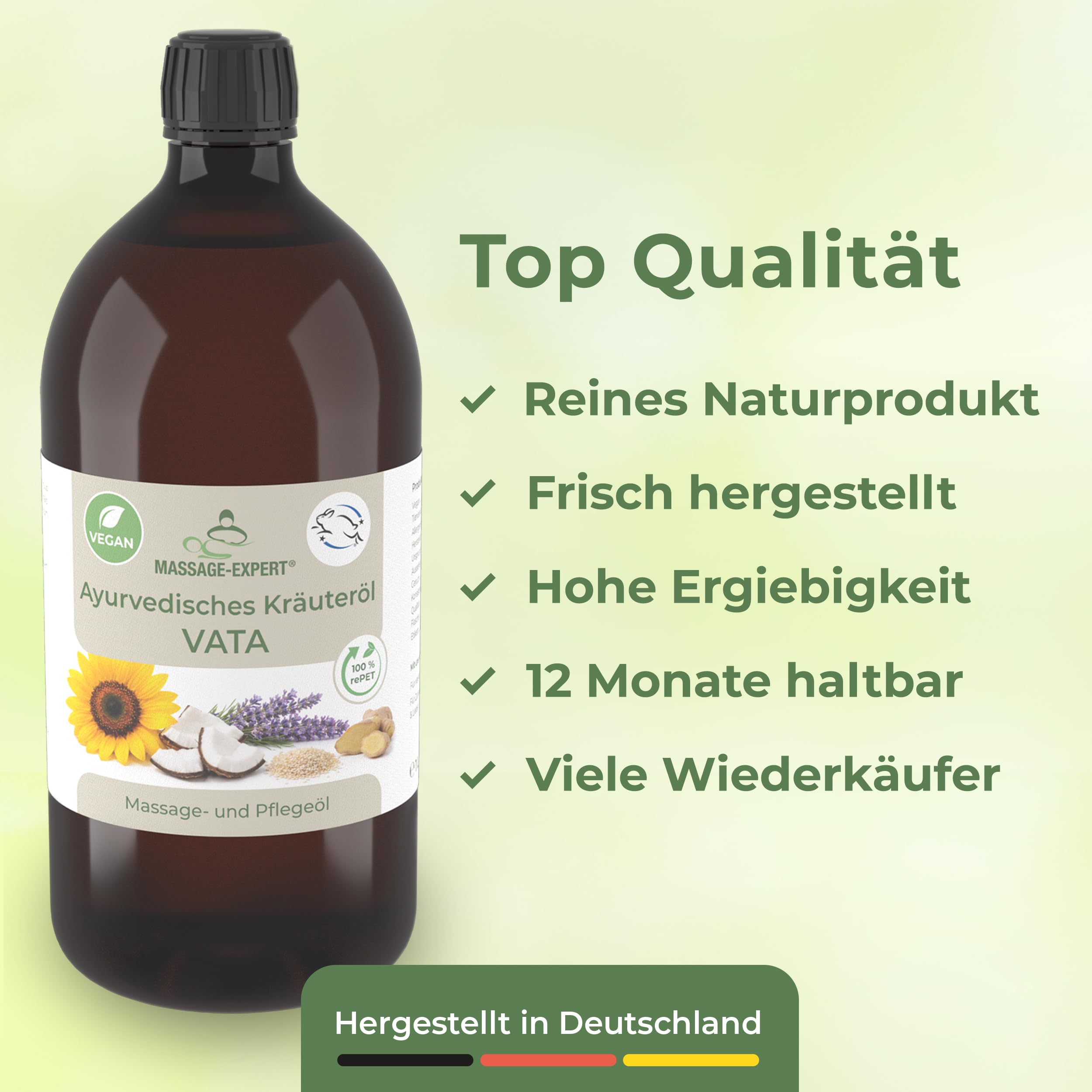 MASSAGE-EXPERT Ayurveda Kräuteröl VATA – Natürliche Ölmischung mit Kräuterextrakten für Massage & Pflege (1 Liter rePET-Flasche mit Spritzeinsatz)