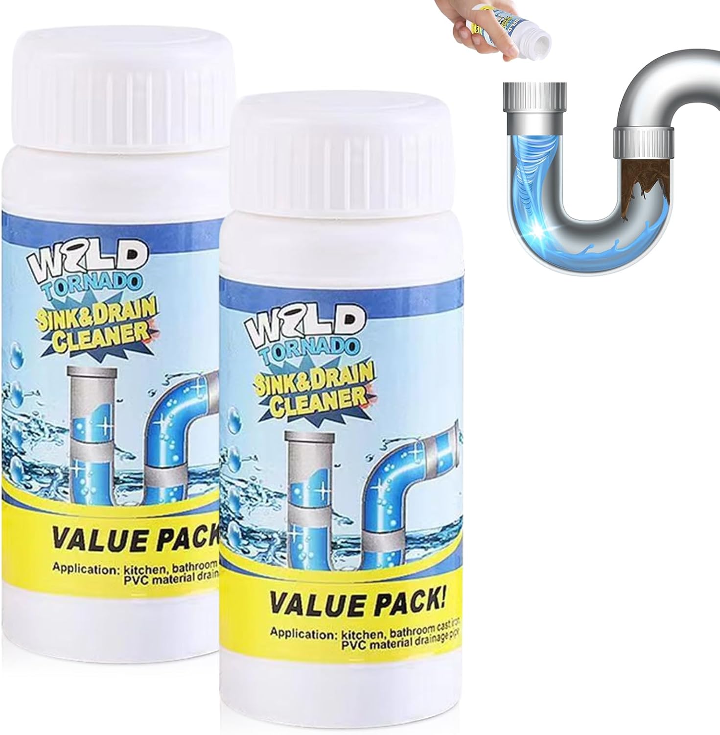 Wild Tornado Pipe Dredge, Wild Tornado Sink and Drain Cleaner, Powerful Sink and Drain Cleaner Powder, Kitchen Toilet Pipeline Quick Cleaning Tool (2PCS)