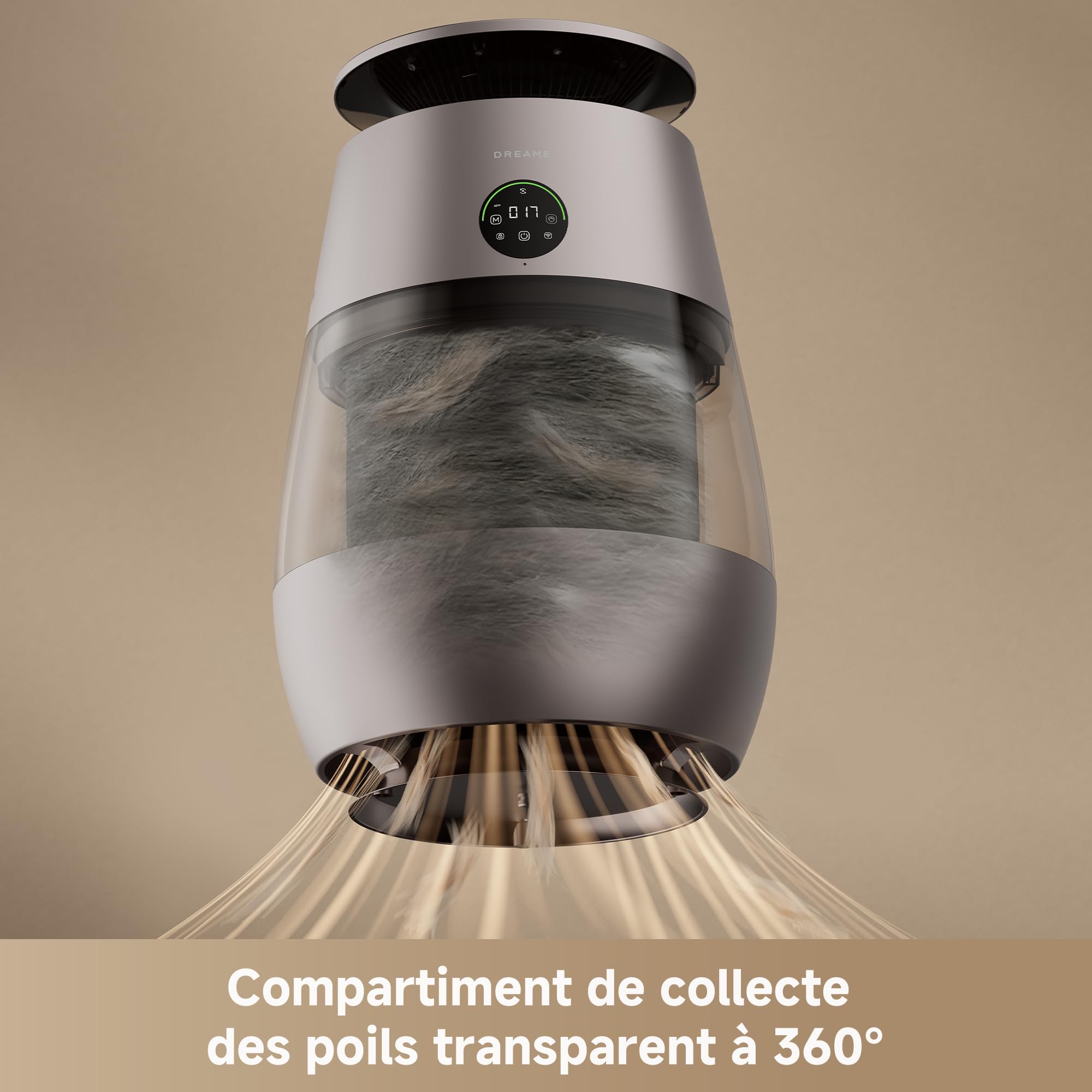DREAME AP10 Purificateur d'Air pour Animaux, Retour d'Air Haute Pression Nég. 360°, Purification 5 Niveaux Capturant Poils/Odeurs, Compartiment Transp., Dessus Incurvé, Écl. Éco-Ambient, Contrôle App