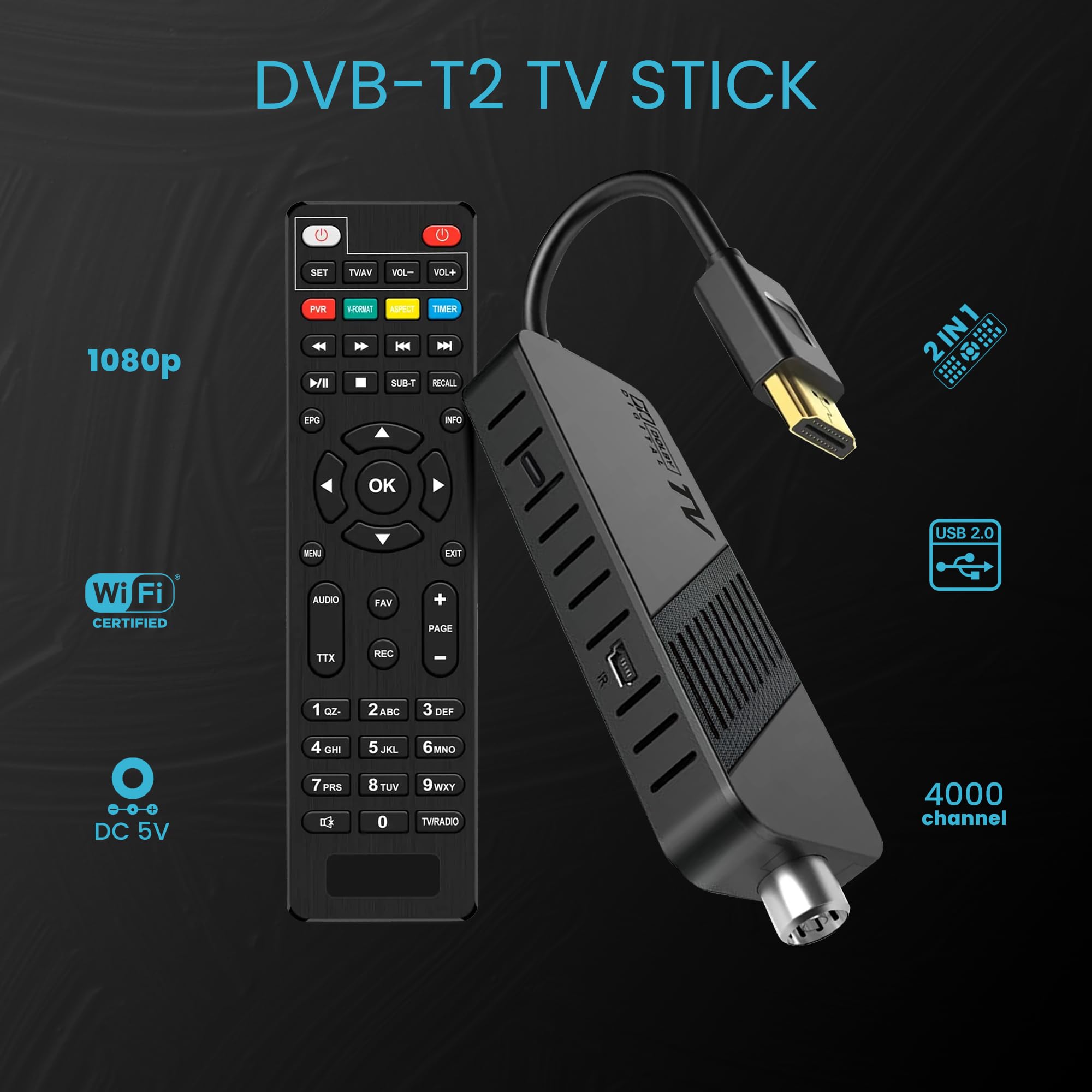 Leyf Décodeur DVB-T2 TNT Full HD 1080P HEVC H265, HDMI/AV USB, Télécommande 2en1