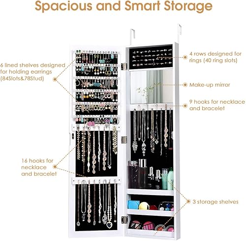 Miniatura 4 de Giantex Armario de joyería montado en la puerta con espejo de longitud completa organizador de joyas con espejo de maquillaje ranuras para