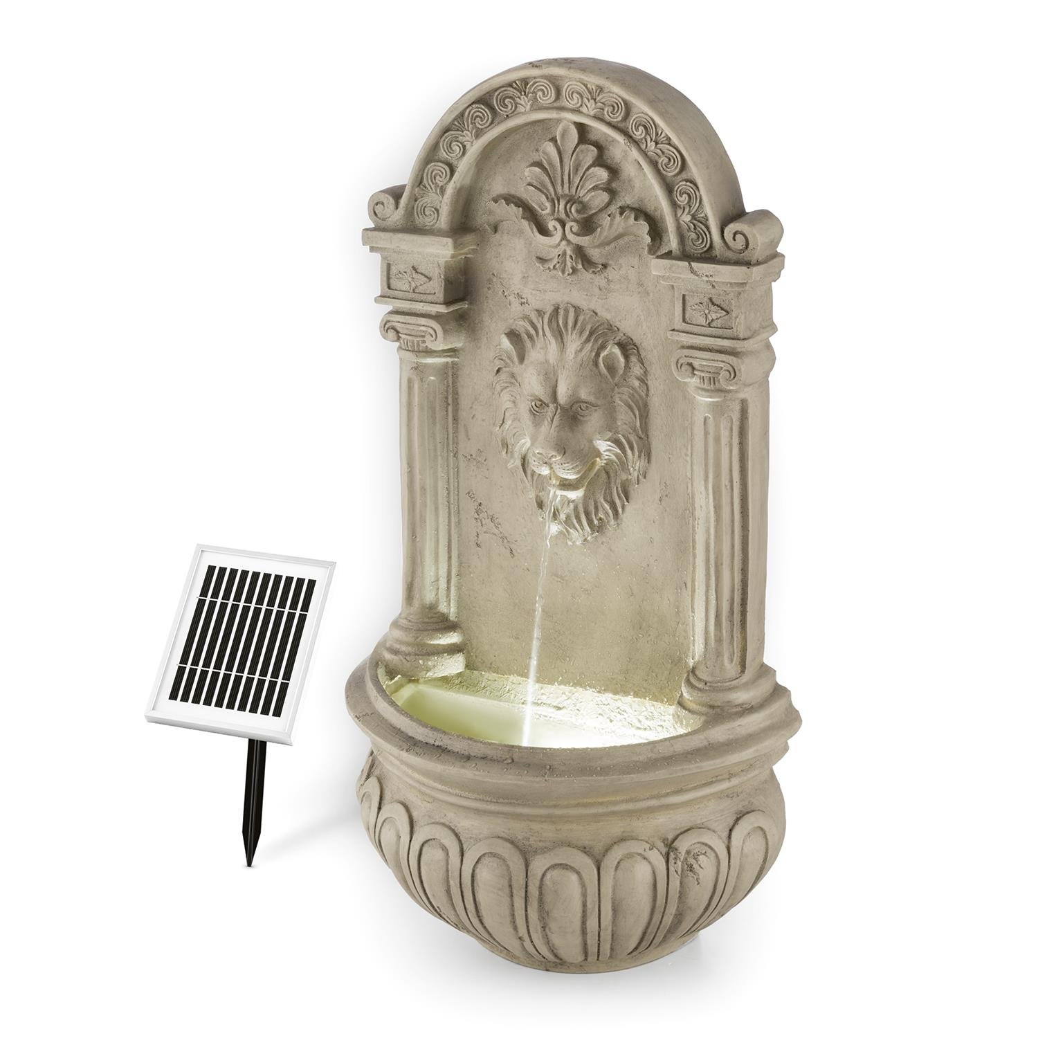 blumfeldt Löwenstein Gartenbrunnen mit LED-Beleuchtung - Löwenkopf Edition, Wandbrunnen antik, Zierbrunnen, Outdoor, Solarpanel, Akku: 2000 mAh, Dämmerungssensor, Naturstein-Optik, grau