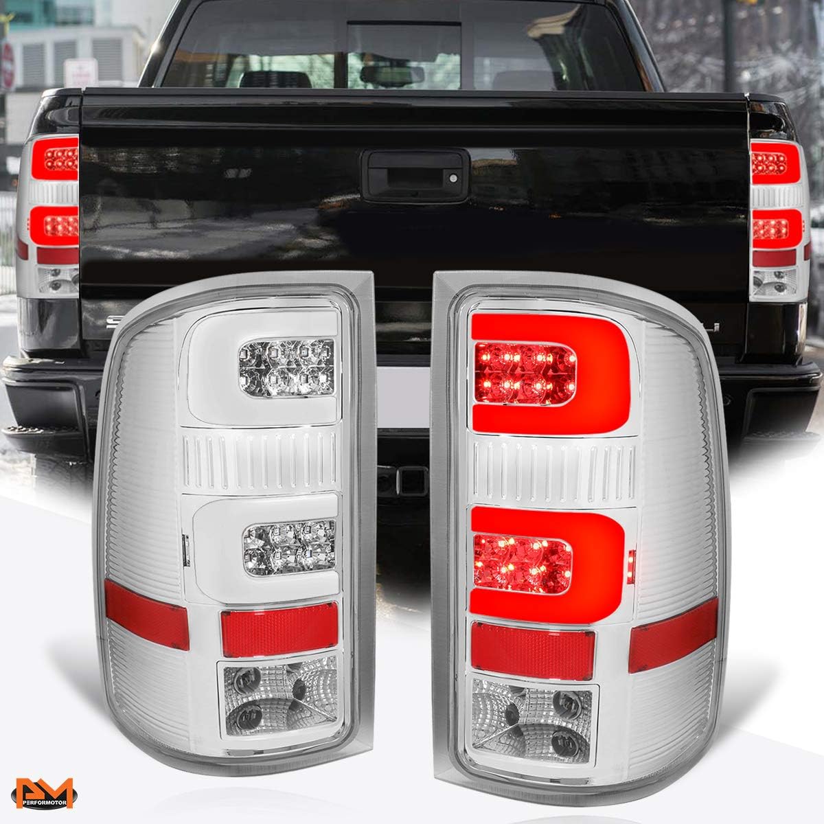 PM PERFORMOTOR C-Shape 3D LED Tail Lights Brake Lamps Assembly Compatible with 07-14 GMC Sierra,Black Housing