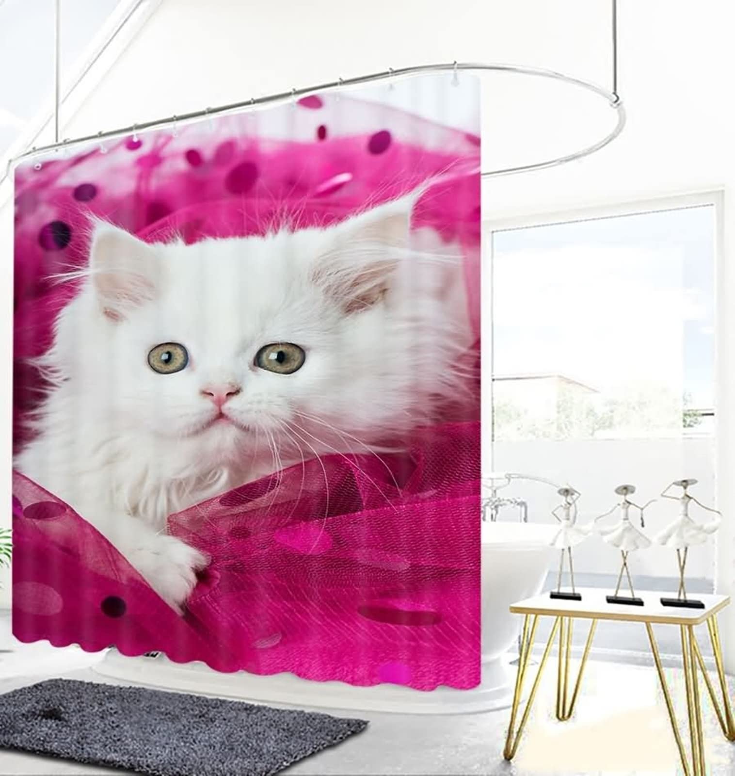 Tenda da doccia angolare, multicolore, in poliestere, impermeabile, gattino bianco, con filato rosa, anti-muffa, 200 x 180 cm