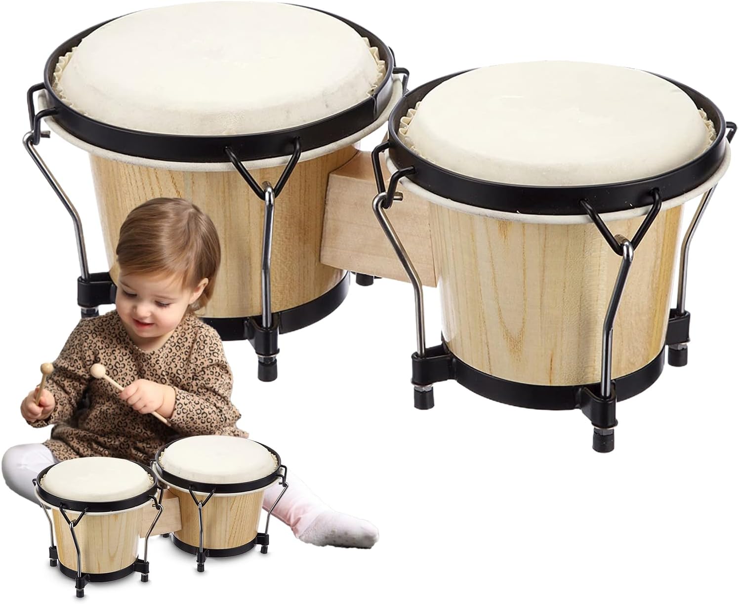 Wood Bongo Drums,Beginner Percussion Music Instrument - Educational Percussion Instrument for Professionals Beginners, 6 Inch and 7 Inch Bongos Wood Color - Image 1 of 9