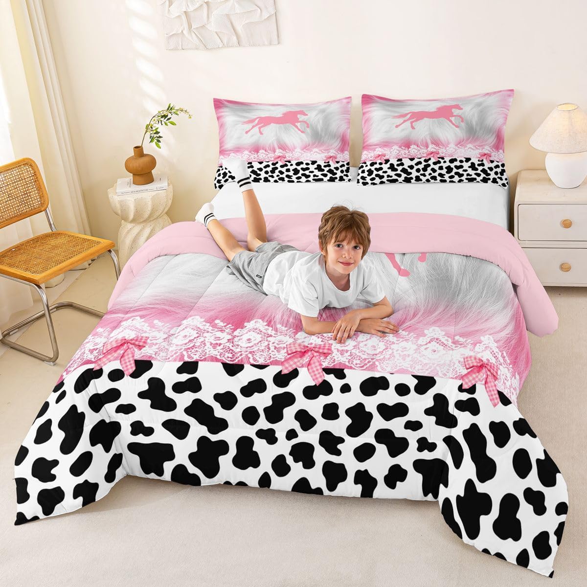 Feelyou Pink Cow Girl Comforter Set Western Horse Decor Comforter for Kids Teens Pink White Cow Fur Bedding Set Cowhide Pink White Duvet Set Room Decor Quilt Full Size Boys