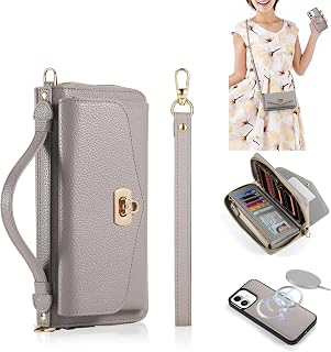 MAOCAOST Crossbody Wallet Case for iPhone 17, Magnetic Detachable PU Leather Case with Card Holder, Wristlet & Shoulder Strap, Zipper Pocket, RFID Purse Case for Women - Gray
