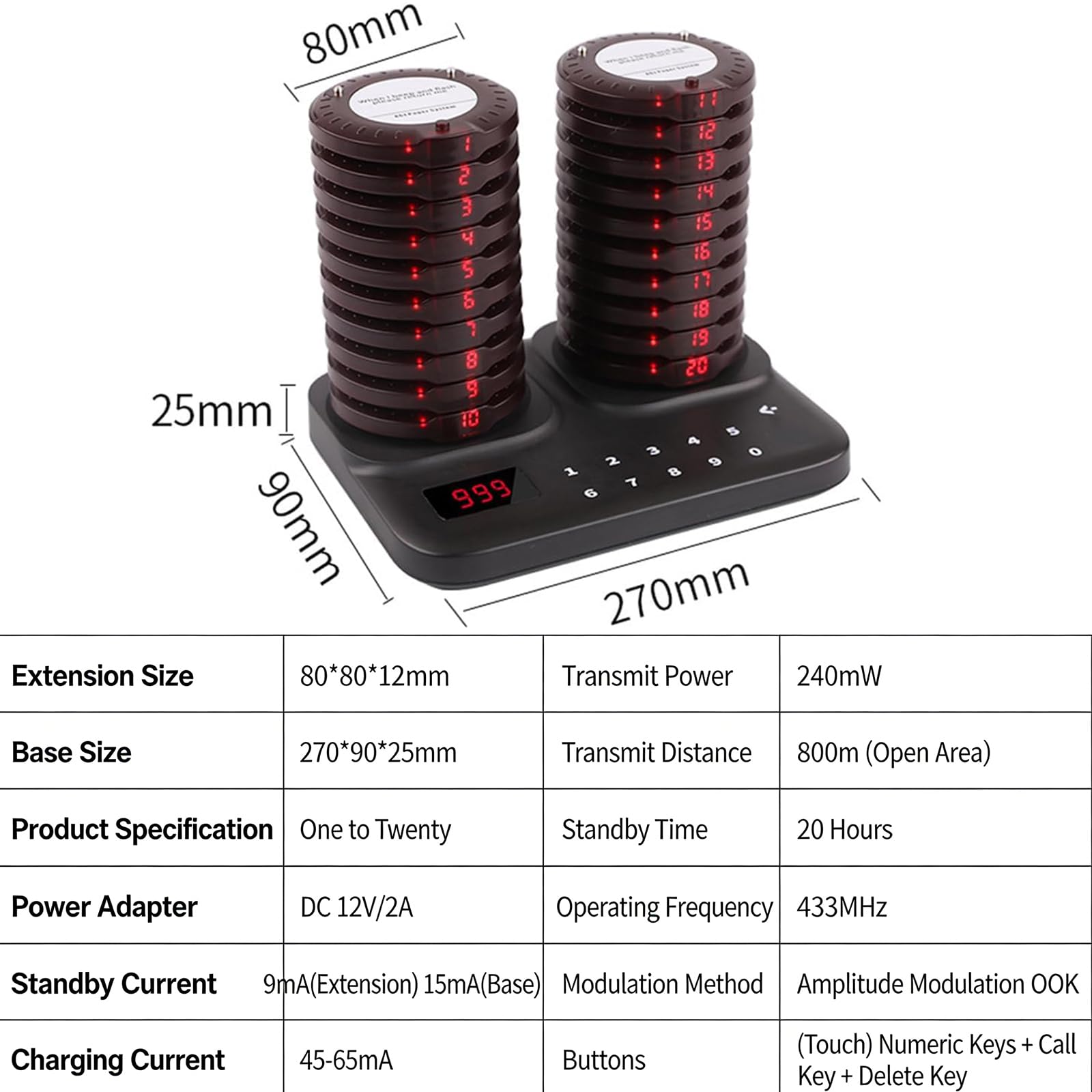 System Cercapersone Ristorante Senza Fili Con 20 Pager Coaster, Portata 800m, Display LCD, Buzzer Clienti Ricaricabile Con 20 Ore Di Standby, Avviso Vibrazione E Flash